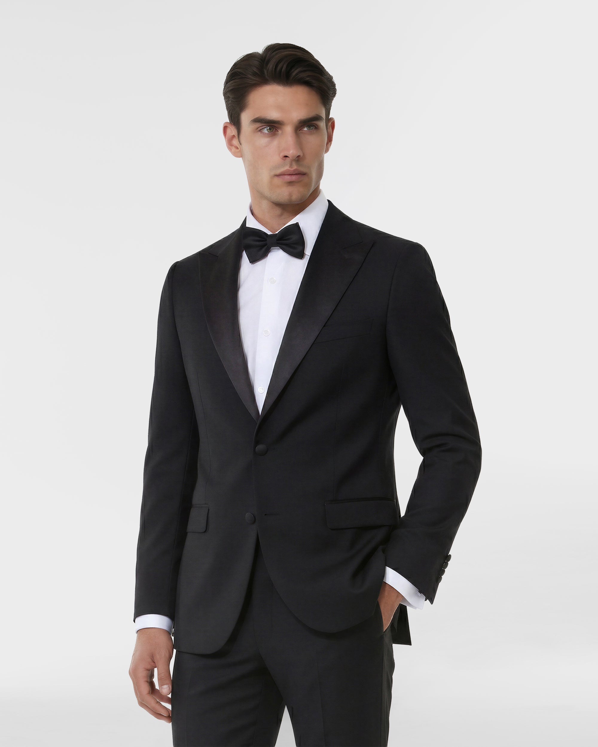 Black wool-cashmere modern fit tuxedo with satin peak lapels, the opening image of the 2026 tuxedo portfolio