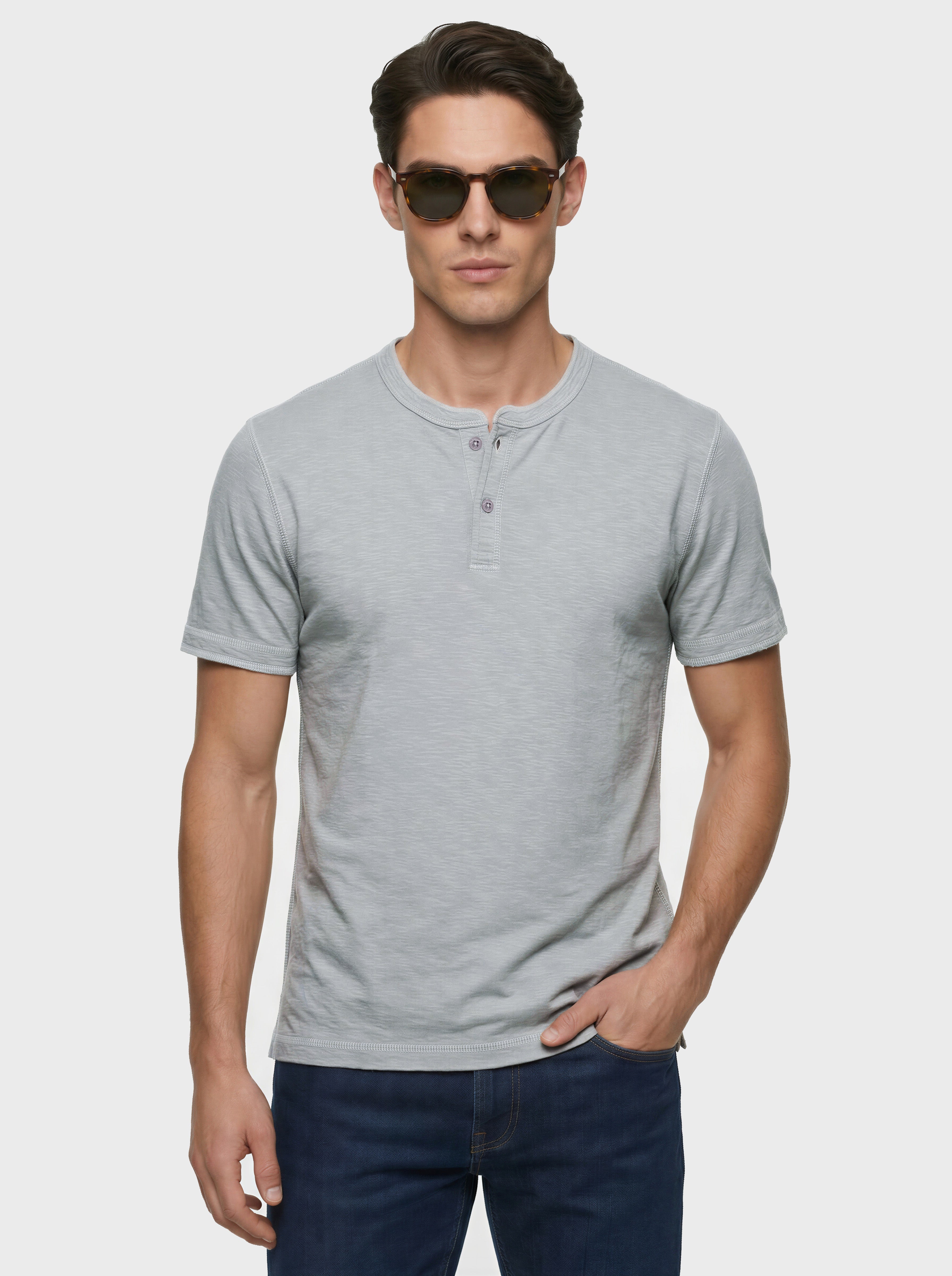 Cotton Slub Henley T-shirt with Contrast Stitching