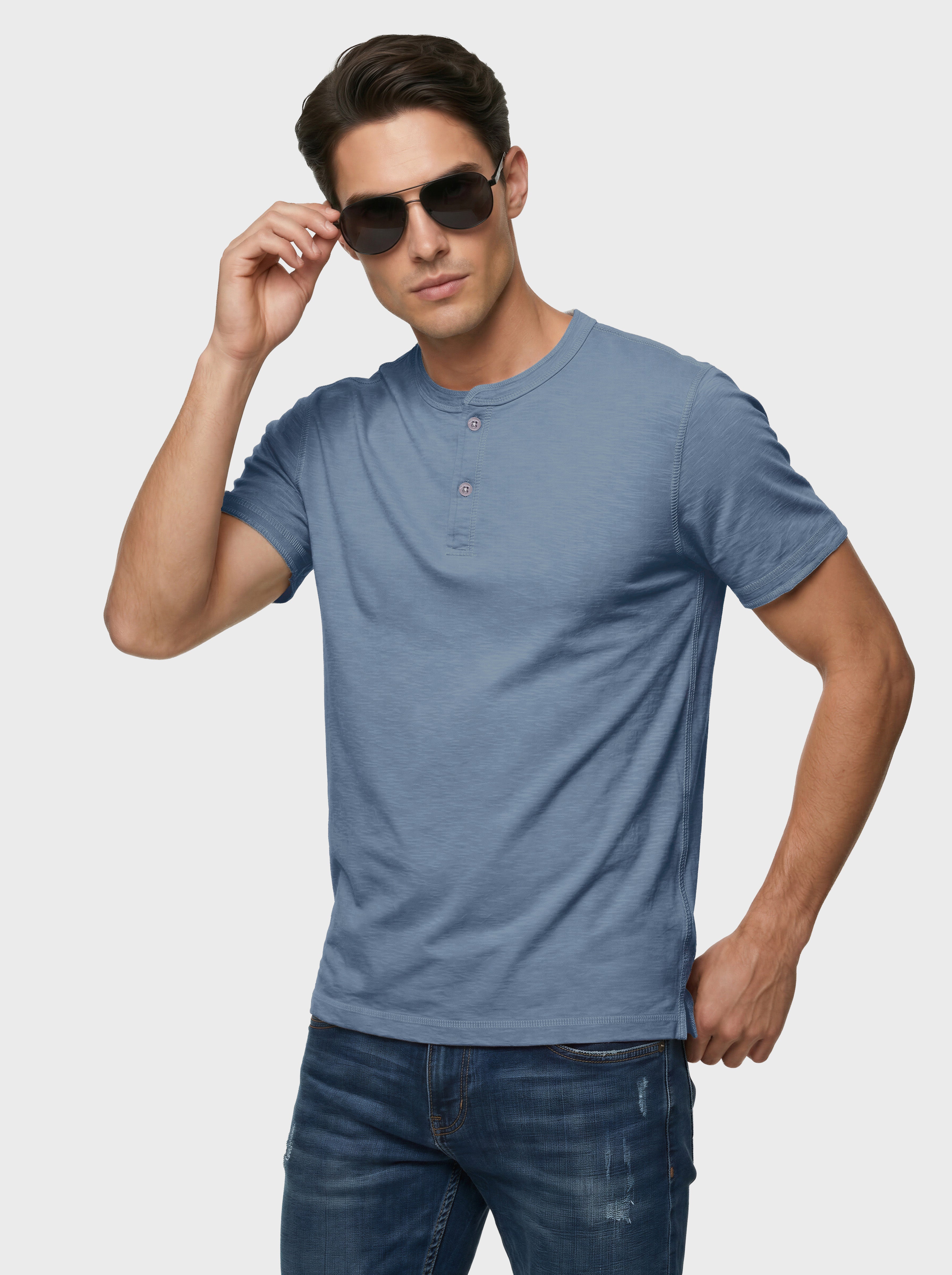 Cotton Slub Henley T-shirt with Contrast Stitching
