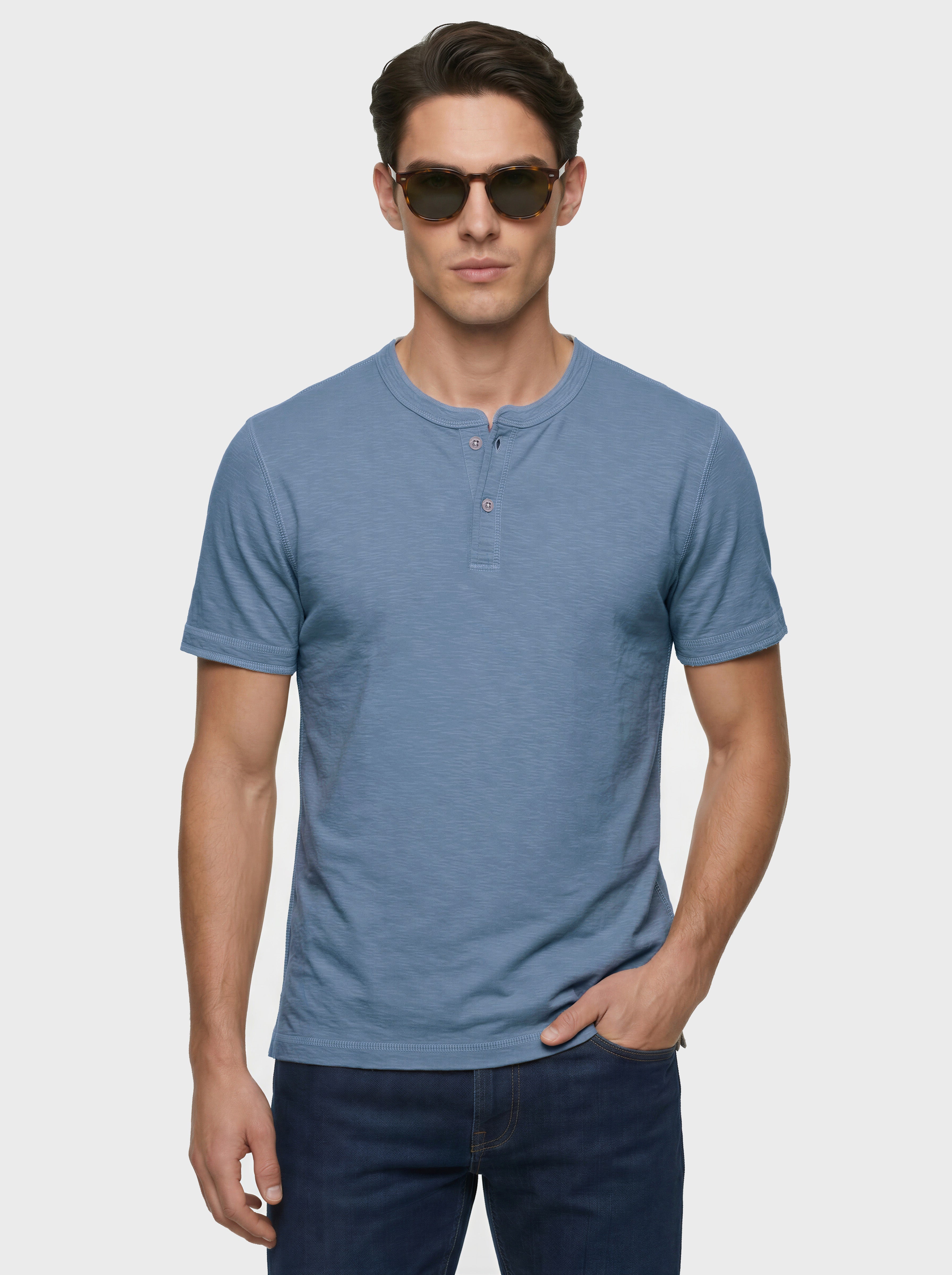 Cotton Slub Henley T-shirt with Contrast Stitching