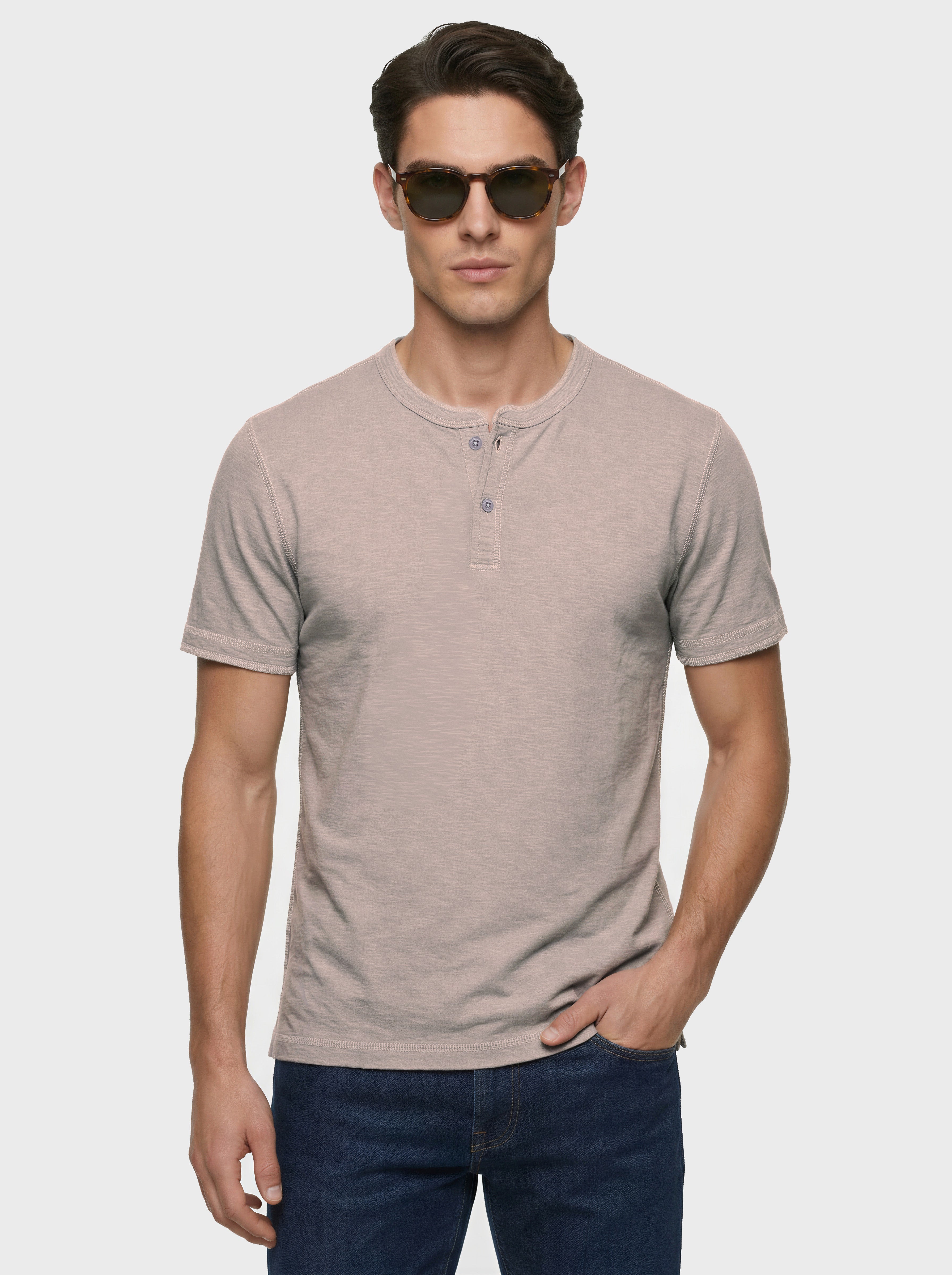 Cotton Slub Henley T-shirt with Contrast Stitching