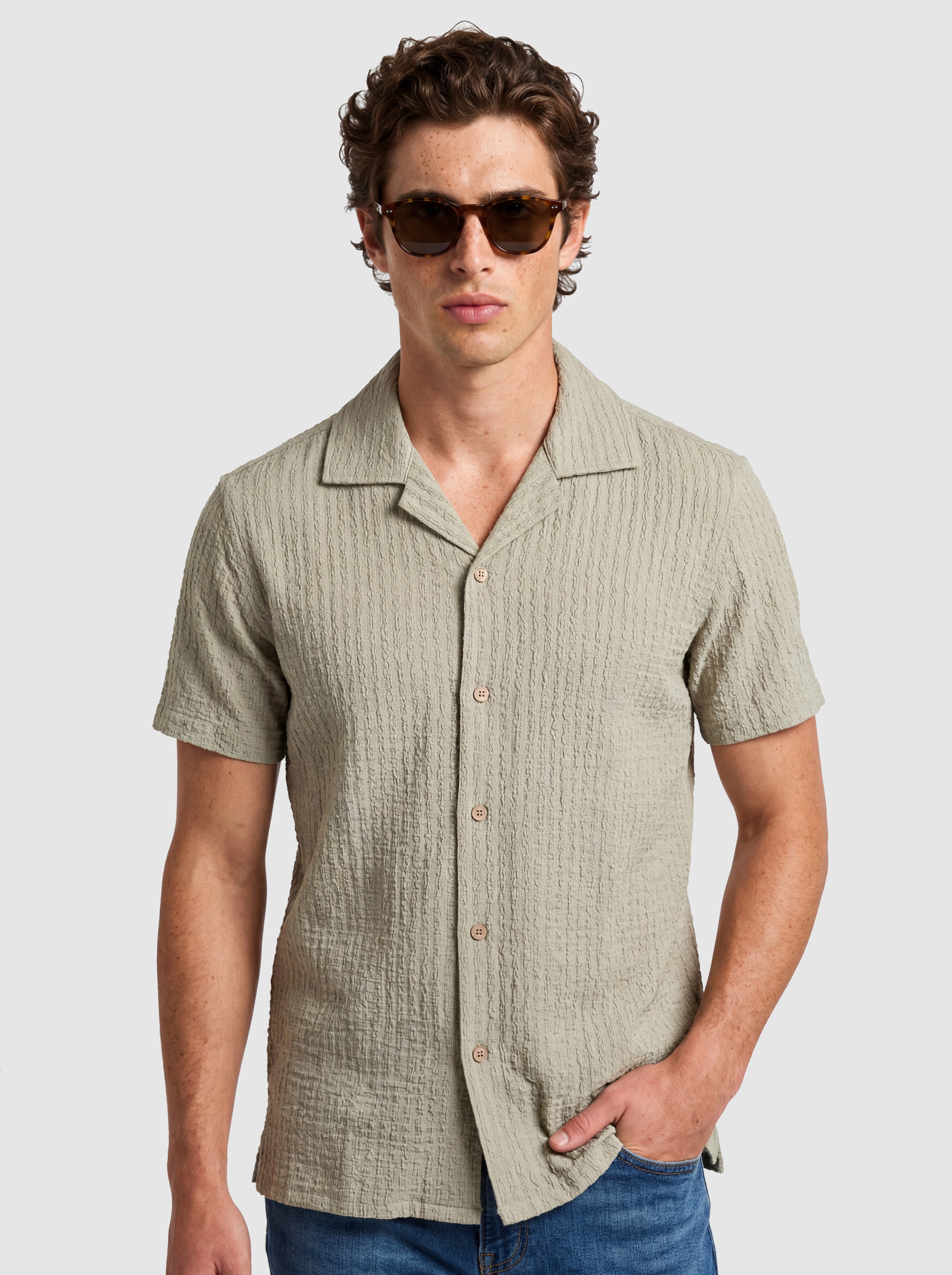Seersucker Short Sleeve Camp Collar Shirt