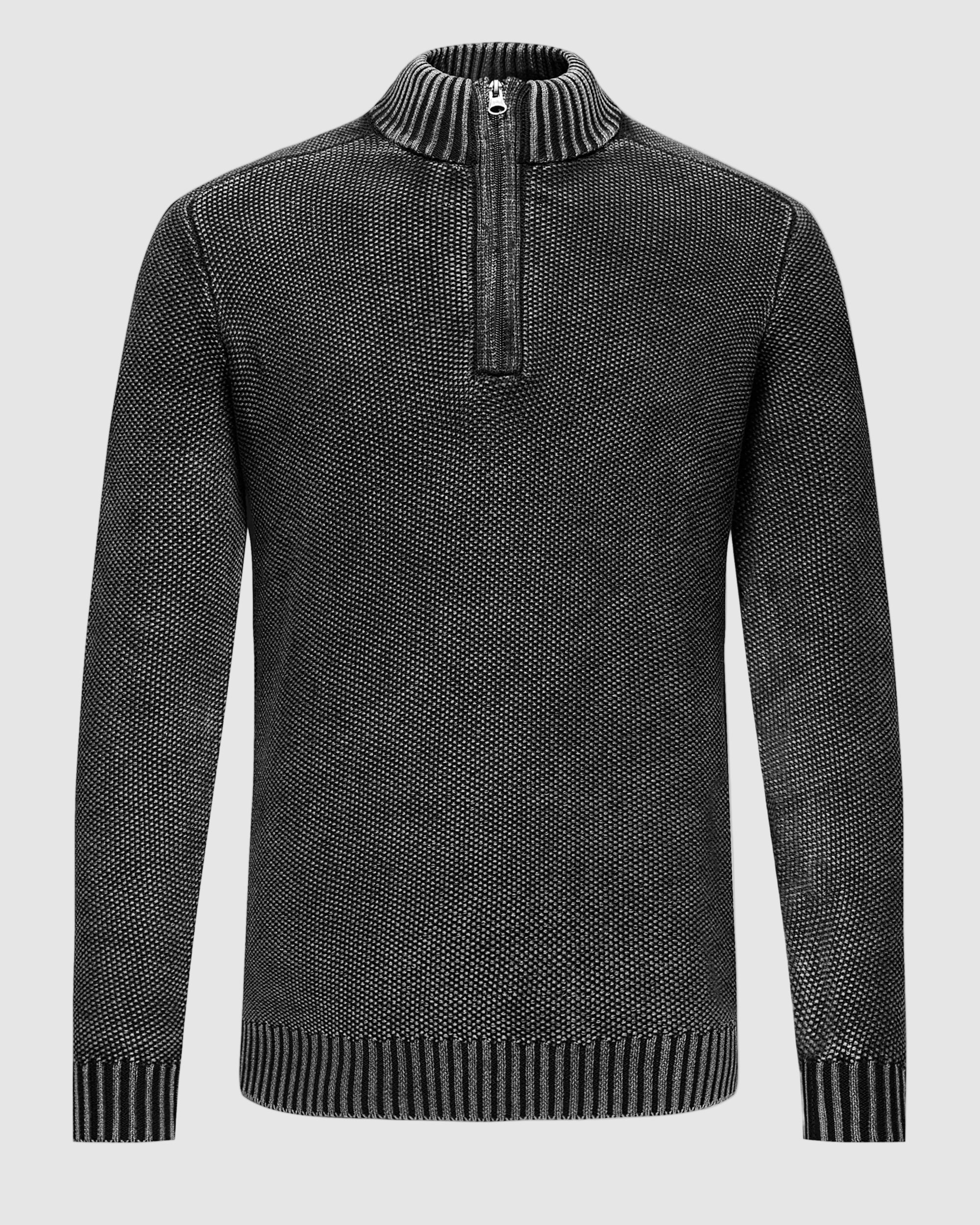 Cotton Textured Mock Neck Zip Sweater