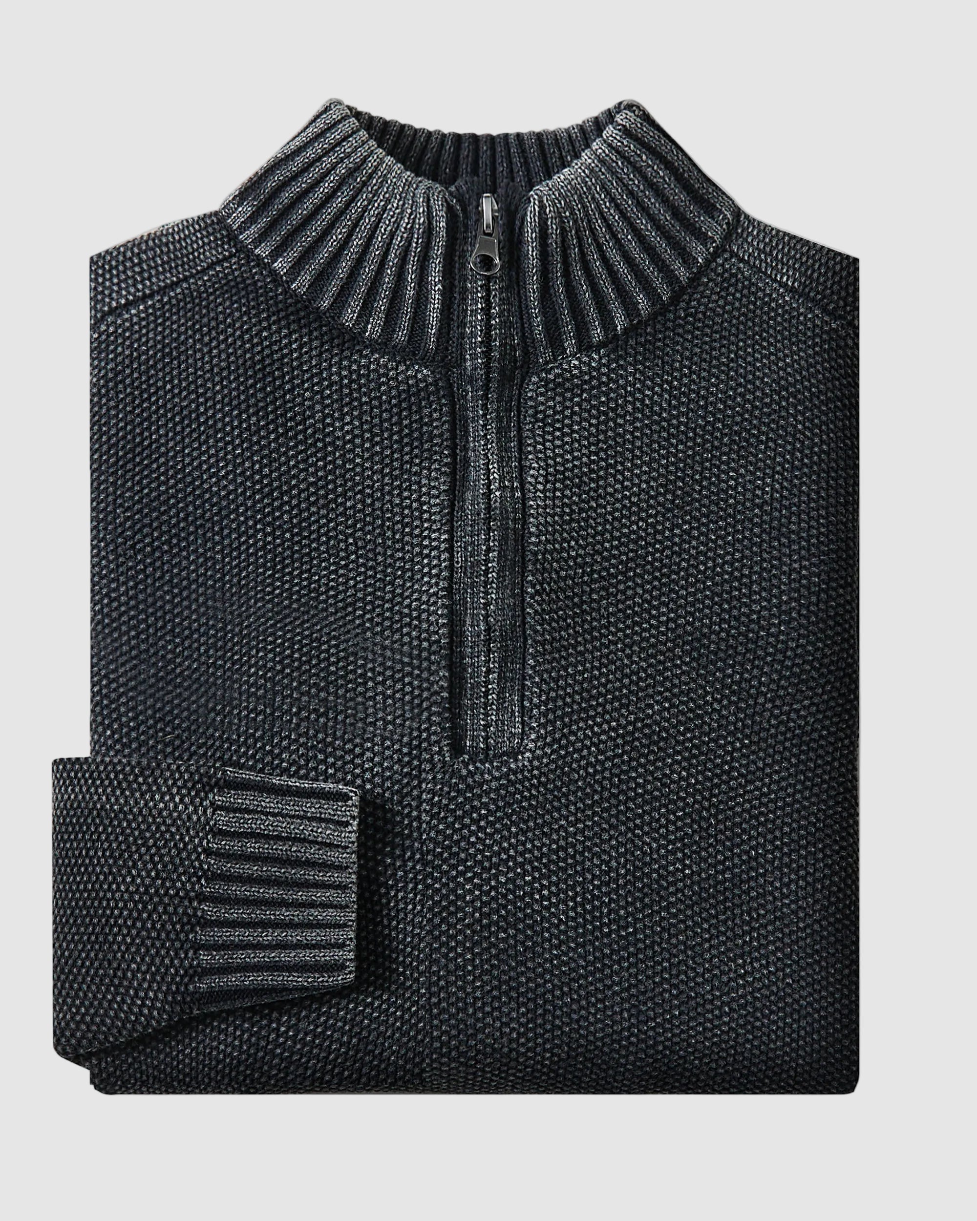 Cotton Textured Mock Neck Zip Sweater