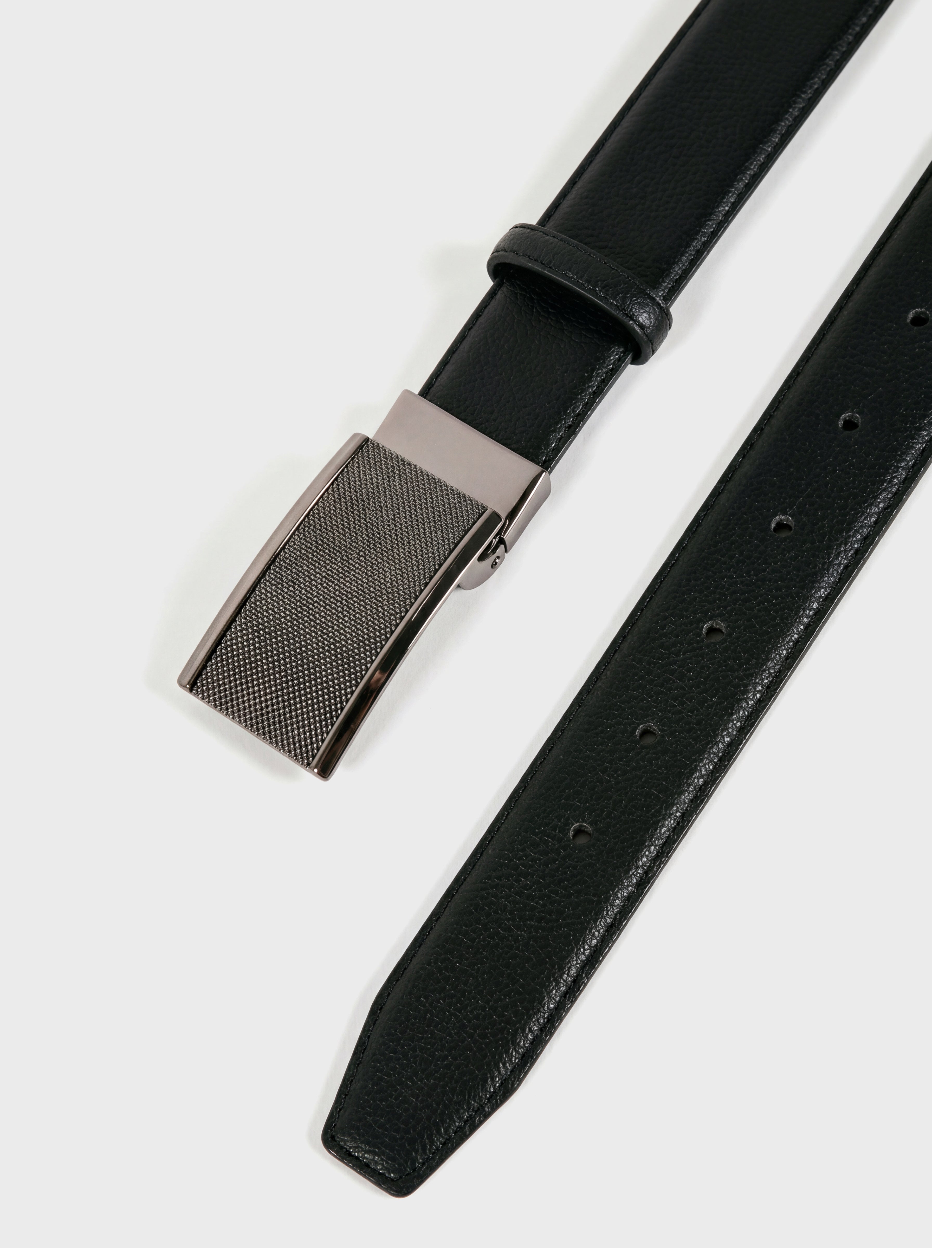 Men's Pebbled Faux Leather Dress Belt with Textured Plaque Buckle