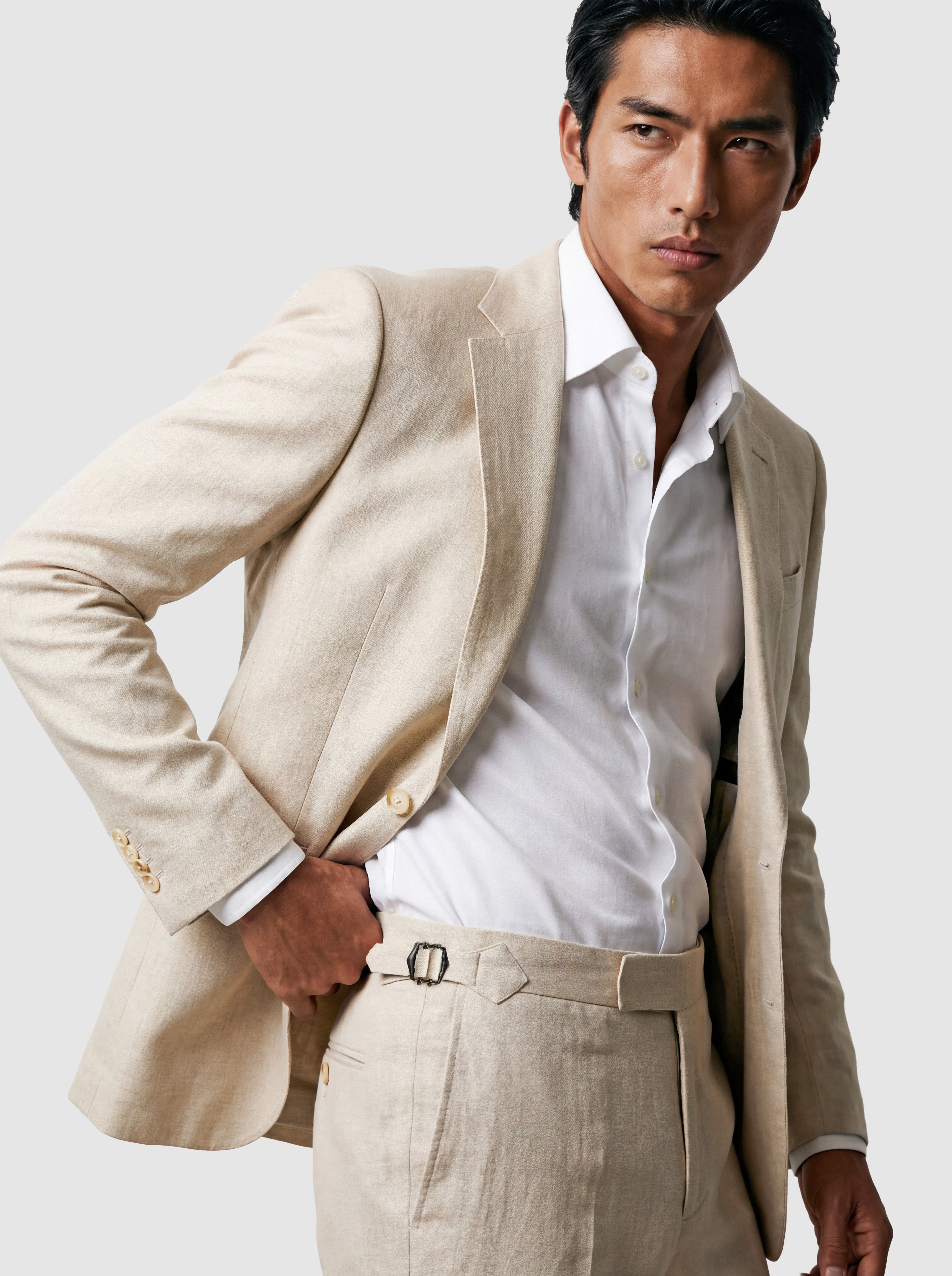 Coastal Luxury Tan Linen-Cotton Tailored Fit Suit with Side Buckle Trousers