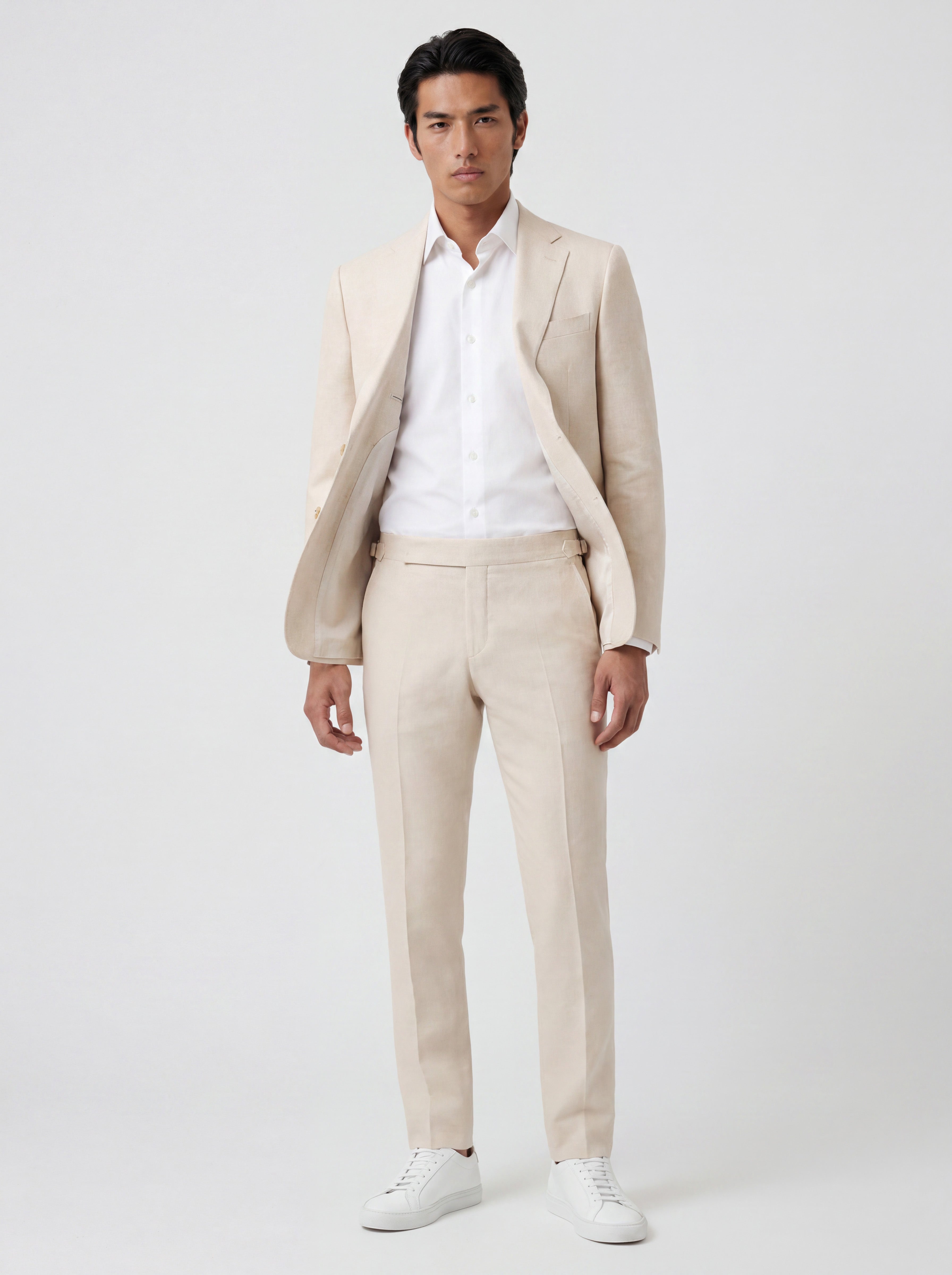 Coastal Luxury Tan Linen-Cotton Tailored Fit Suit with Side Buckle Trousers