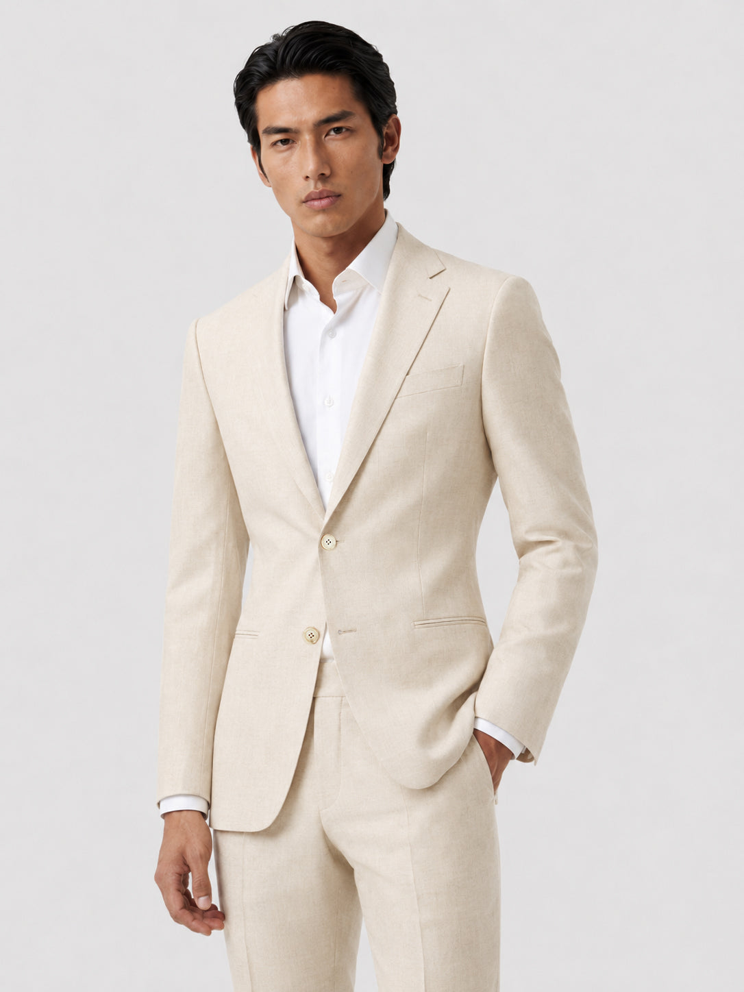 Coastal Luxury Tan Linen-Cotton Tailored Fit Suit with Side Buckle Trousers