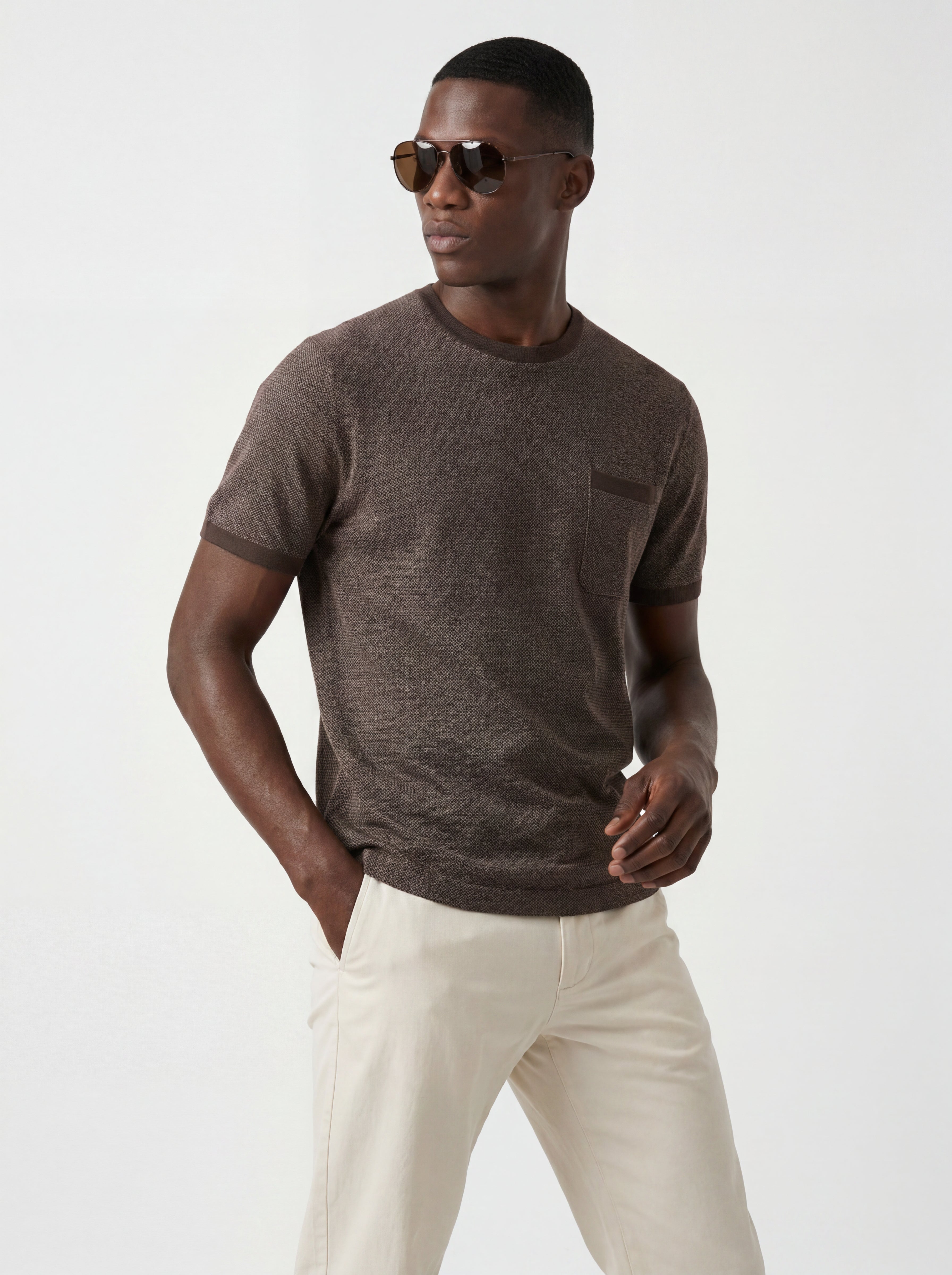 Textured Crew Neck T-Shirt with Contrast Trim