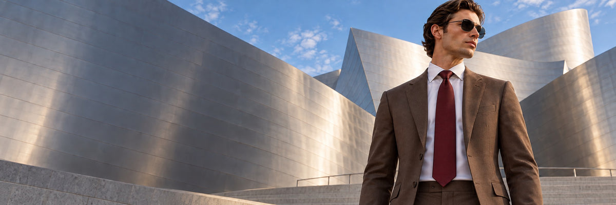 Man in an open brown suit, white shirt, burgundy tie and sunglasses in front of metallic architecture.