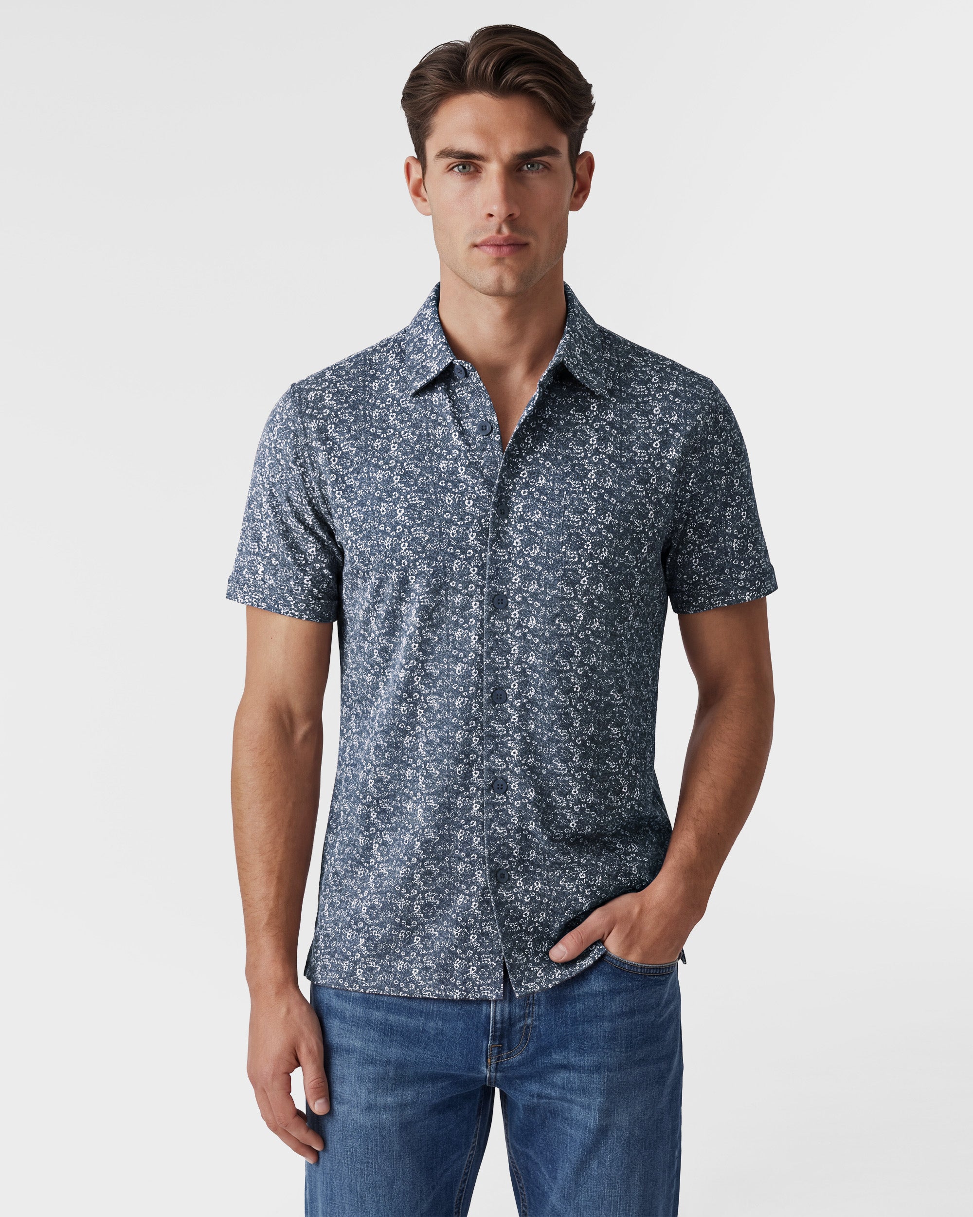 Micro Floral Cotton Short Sleeve Button-Up Shirt