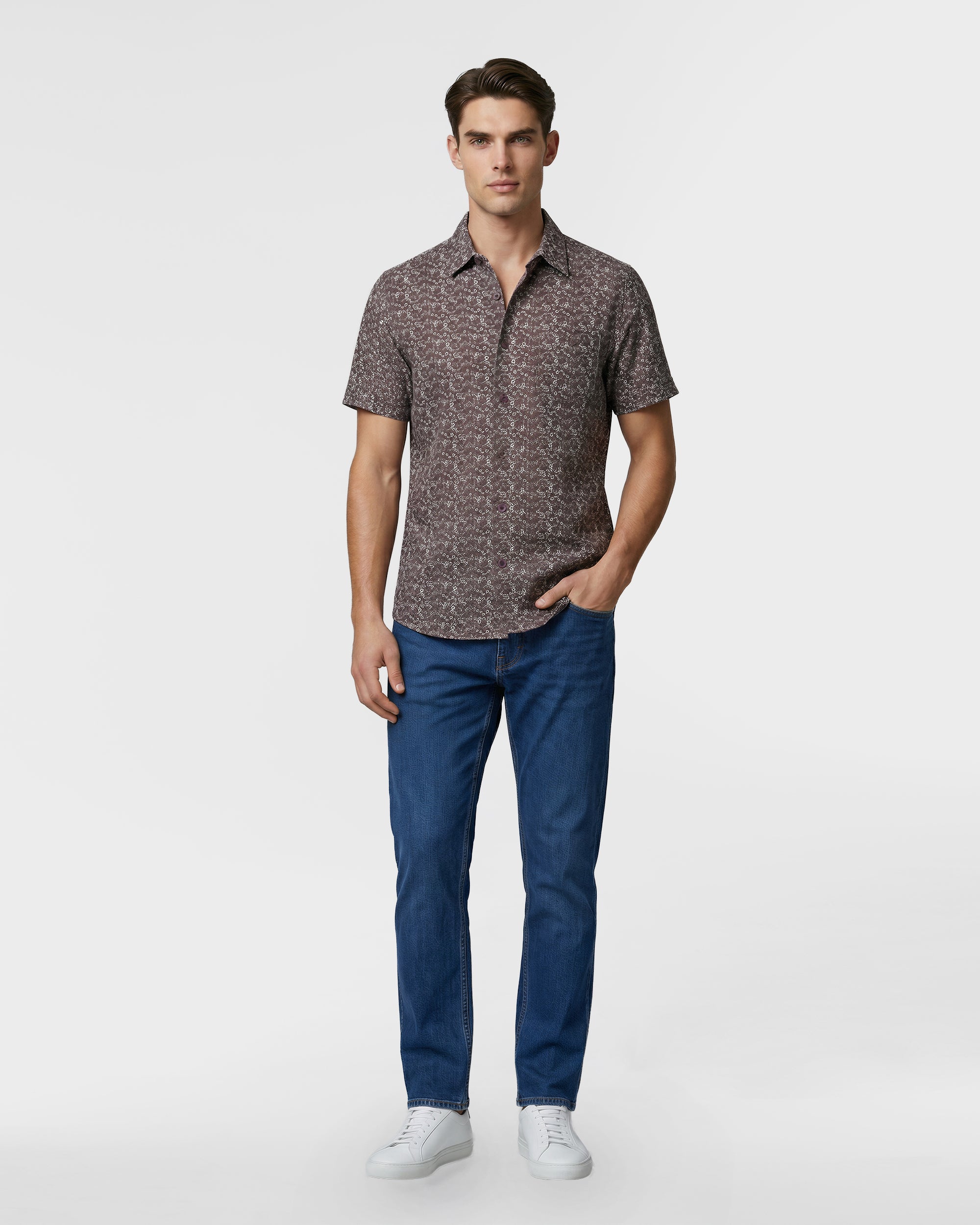 Micro Floral Cotton Short Sleeve Button-Up Shirt