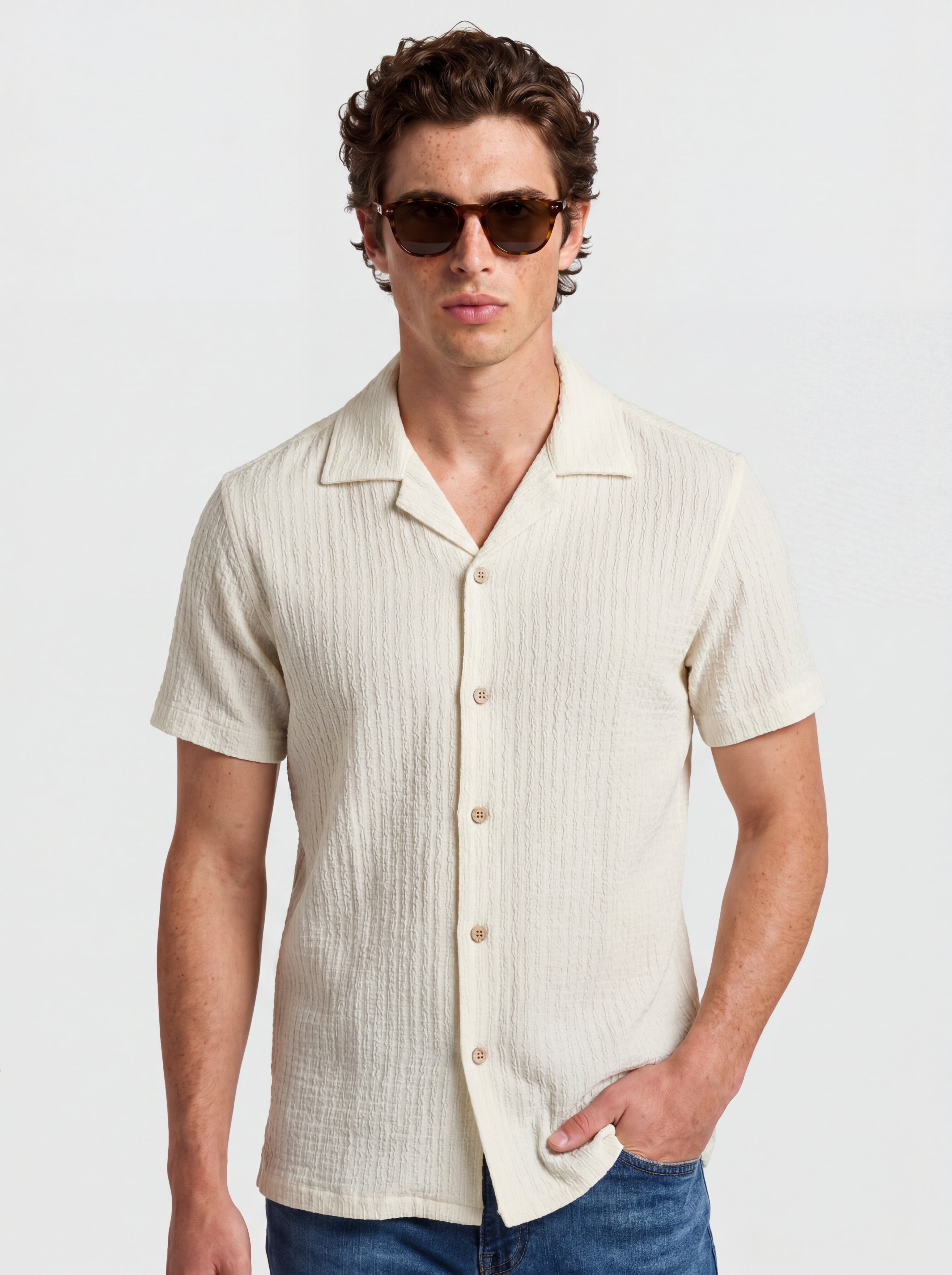 Seersucker Short Sleeve Camp Collar Shirt