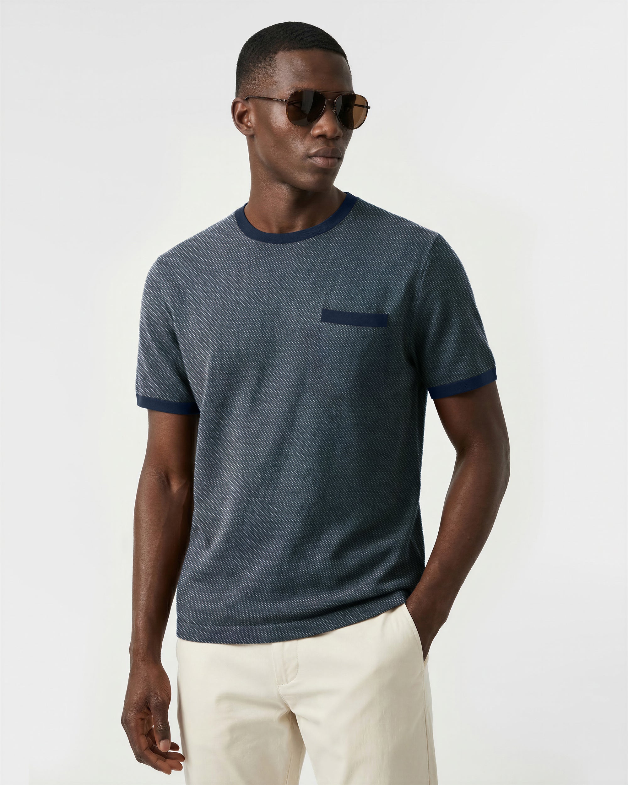Textured Crew Neck T-Shirt with Contrast Trim
