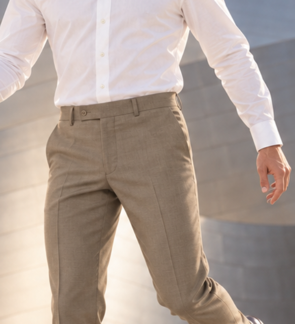 A man in a white long-sleeve dress shirt and khaki trousers jumps outdoors in front of a modern metallic building under a blue sky.