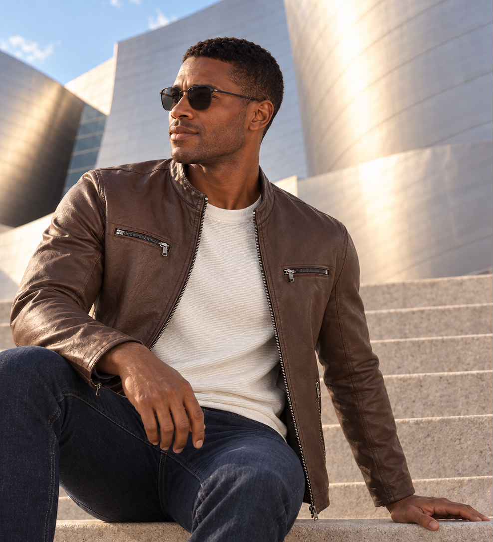 A man wearing a brown leather jacket, white t-shirt, and dark blue jeans sits on outdoor stone steps in front of a modern metallic building, wearing dark sunglasses.
