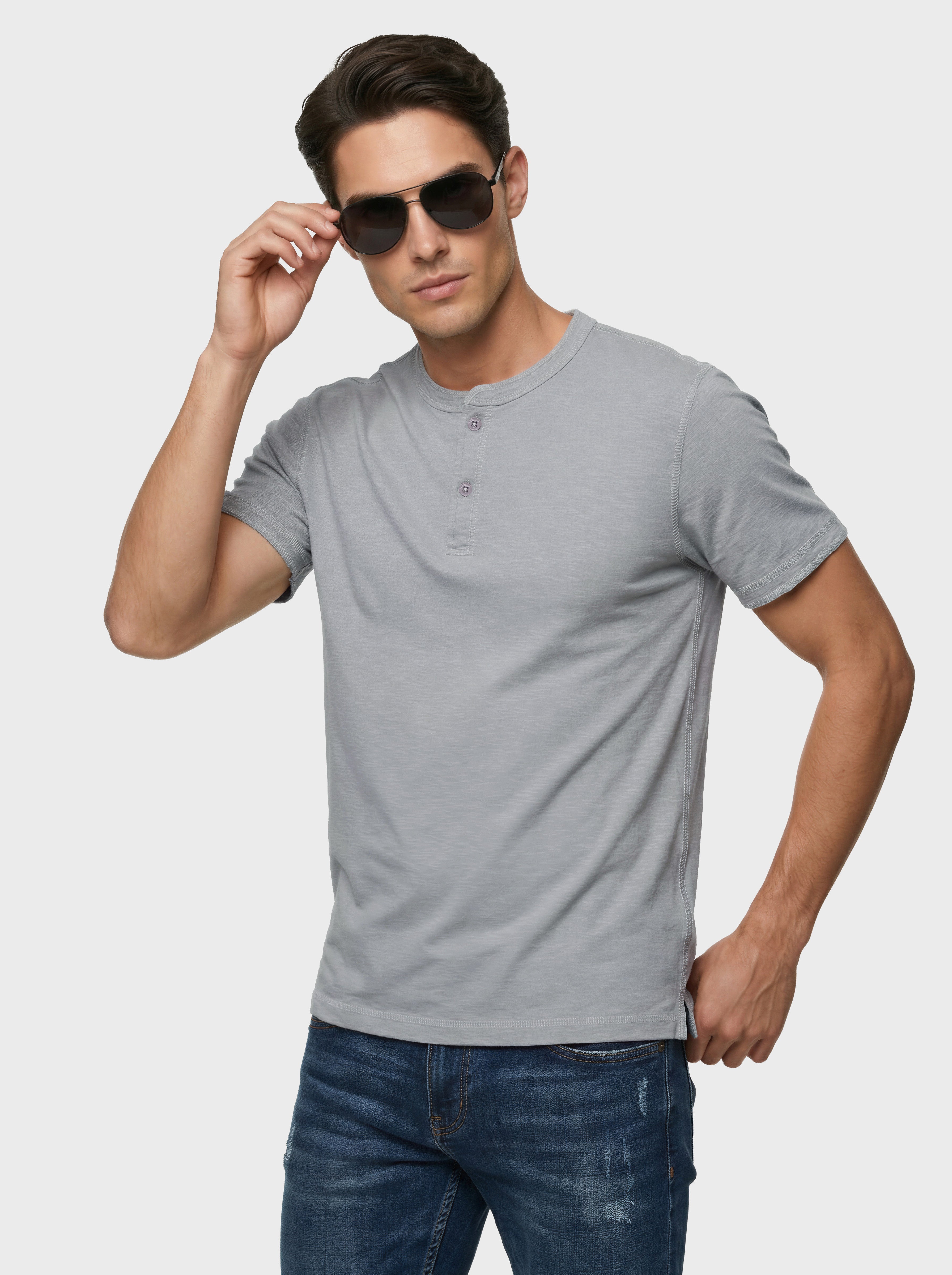 Cotton Slub Henley T-shirt with Contrast Stitching