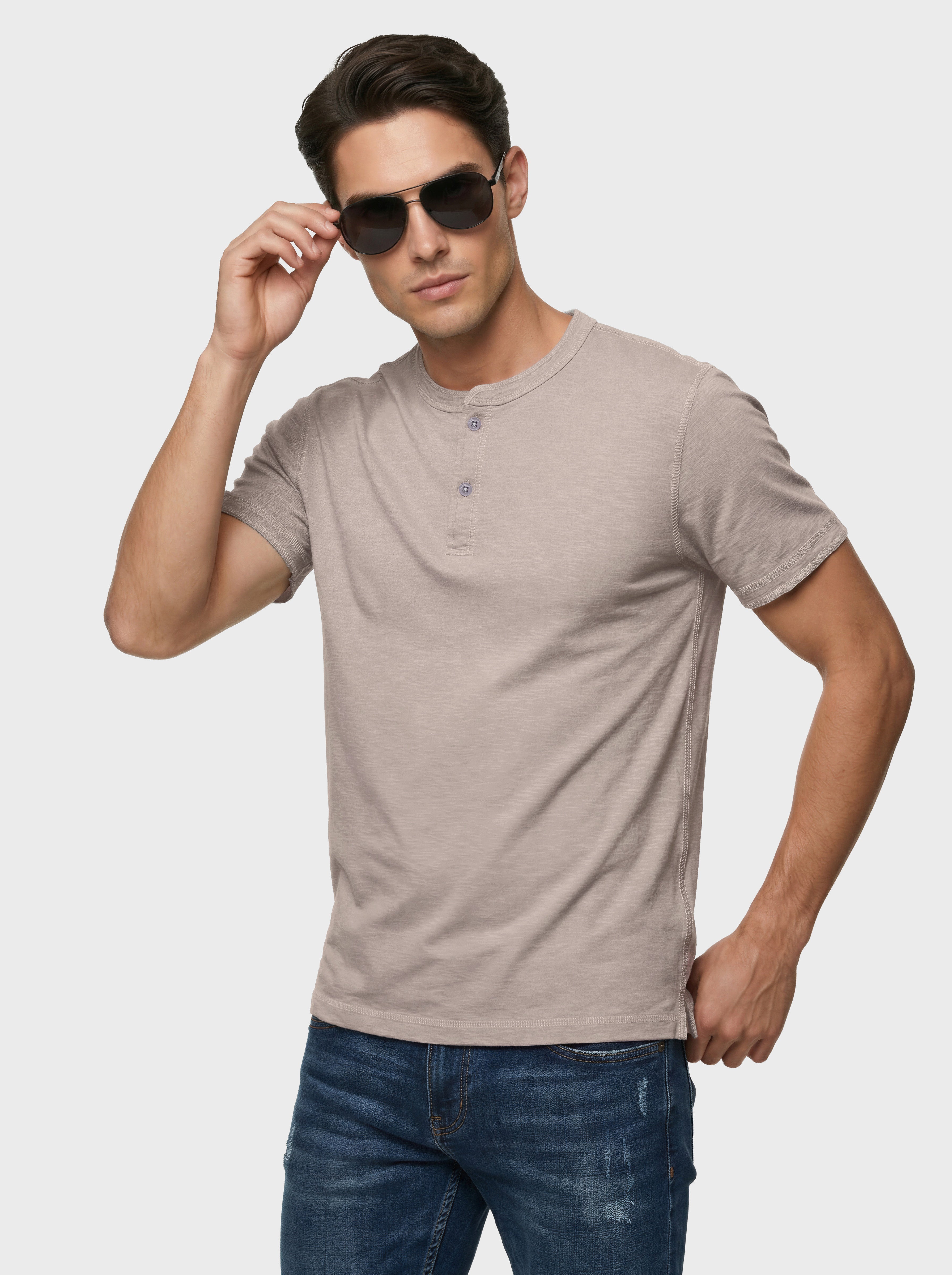 Cotton Slub Henley T-shirt with Contrast Stitching