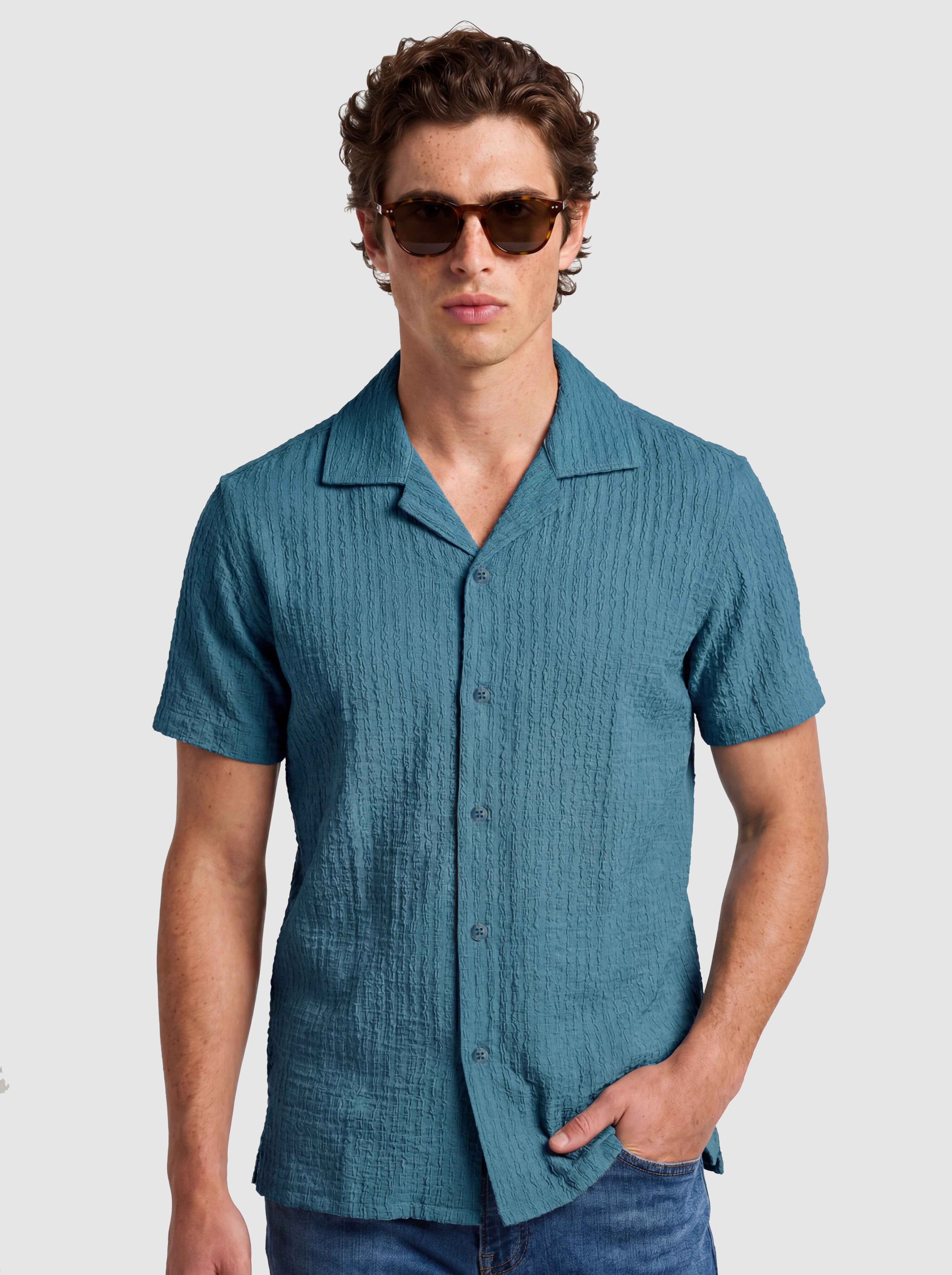 Seersucker Short Sleeve Camp Collar Shirt