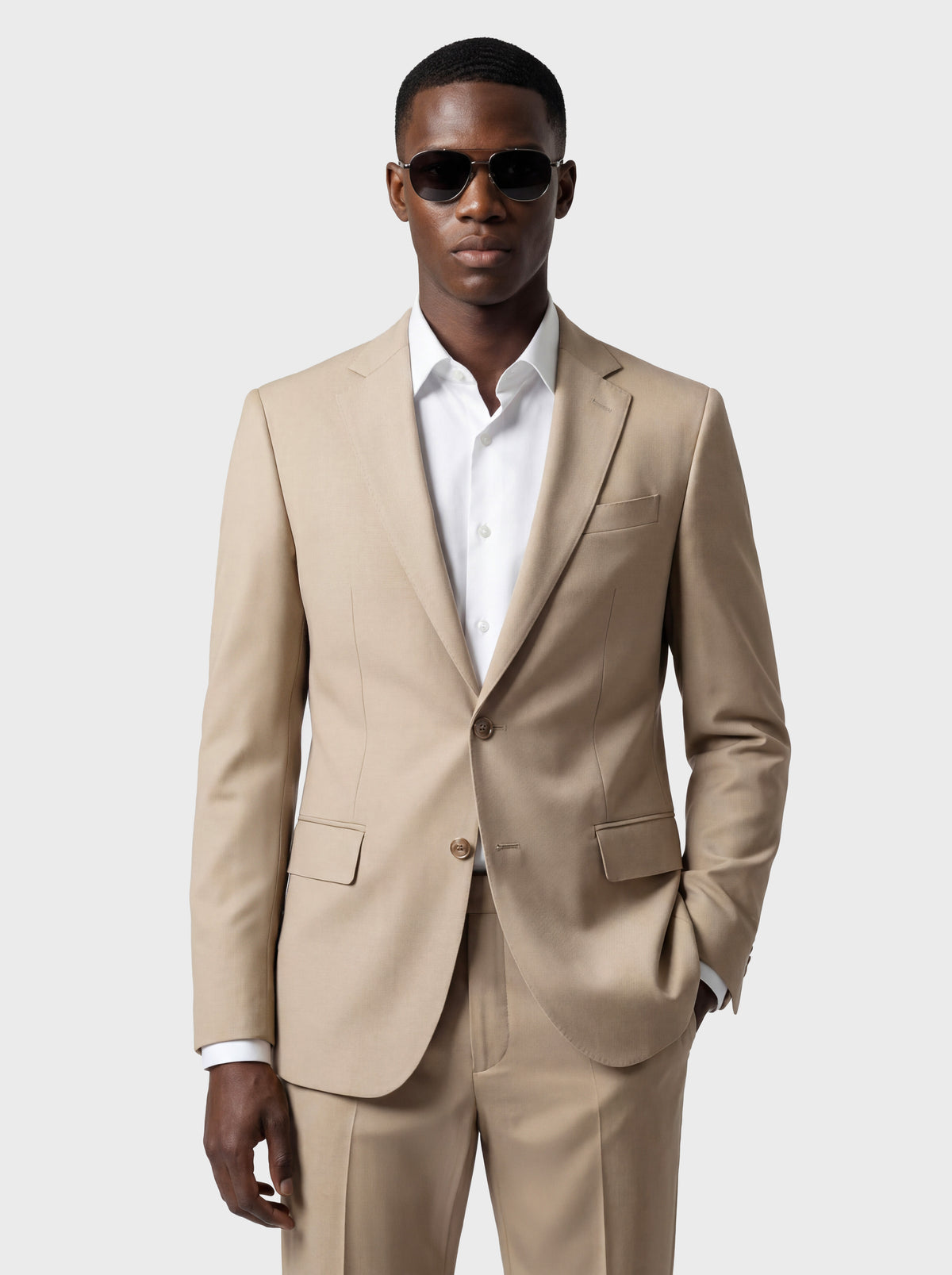 Sand modern fit suit at Hollywood Suits — beach formal and summer wedding ready, available across LA, OC, and South Bay