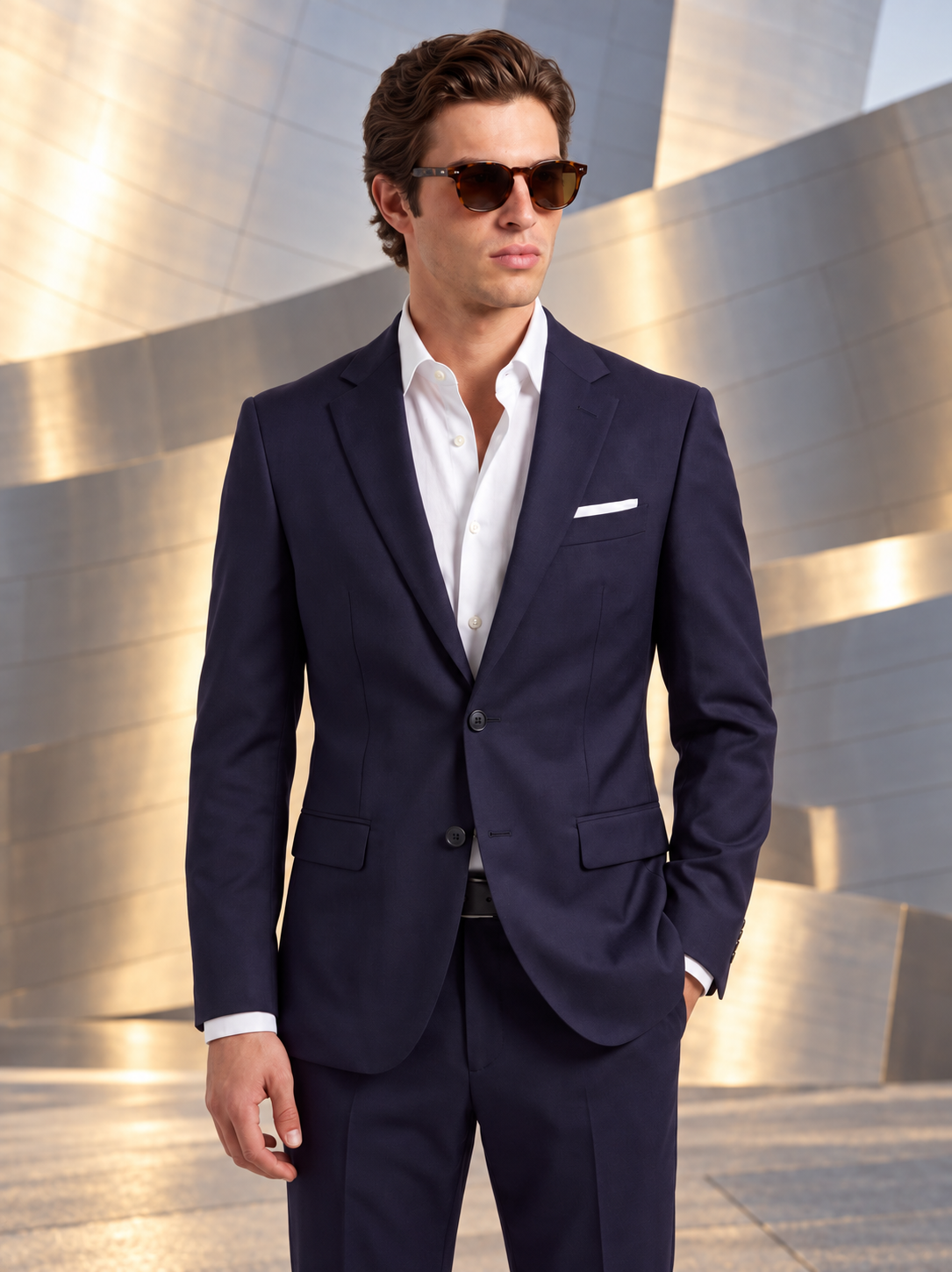A man wearing a navy blue two-piece suit with a white dress shirt and sunglasses, standing in front of a modern metallic building facade.