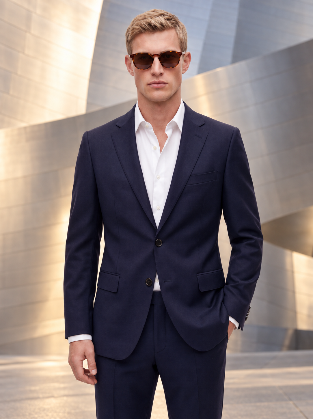 A man wearing a navy blue two-piece suit, white dress shirt, and dark sunglasses stands in front of a modern metallic building facade.