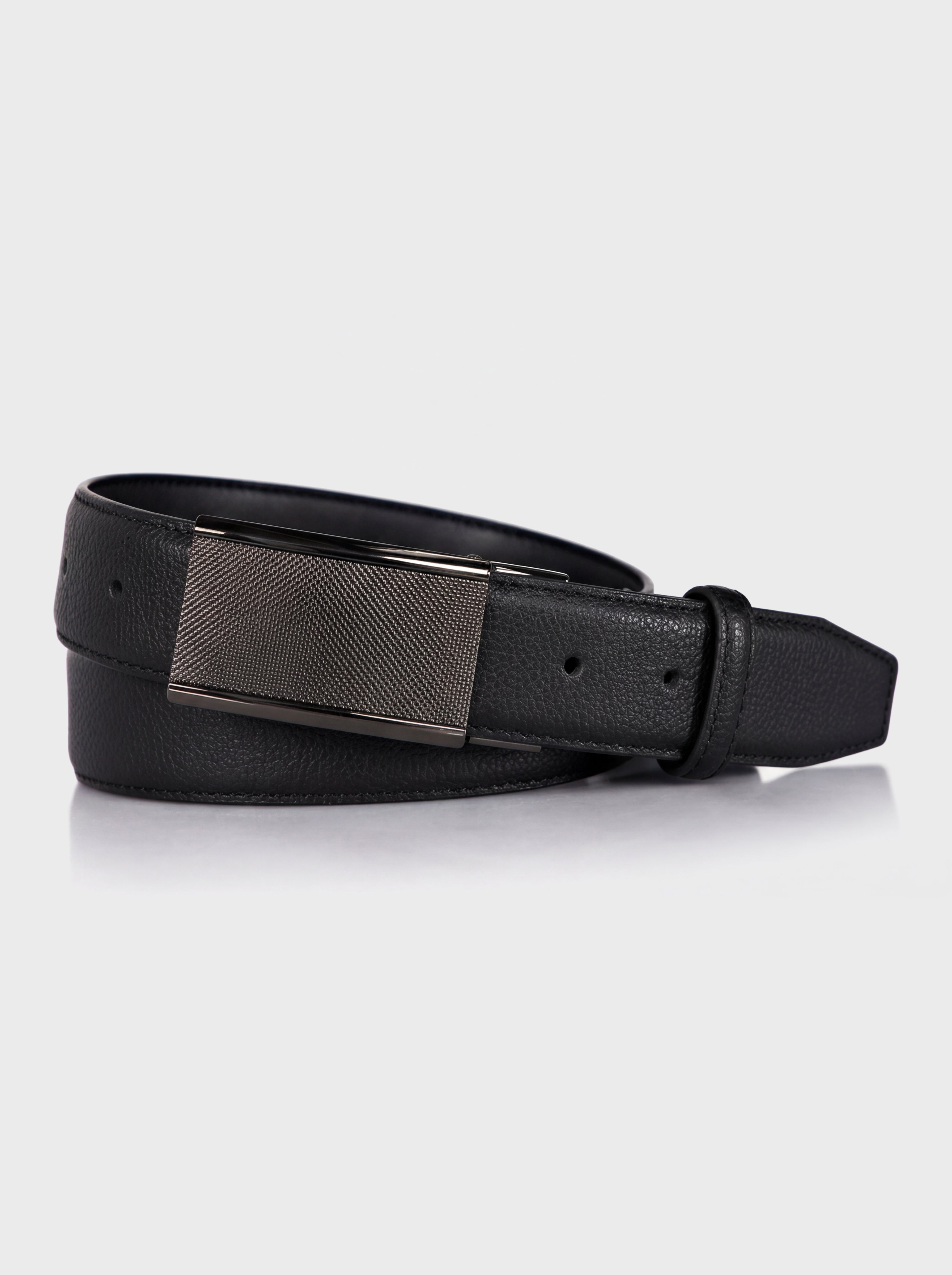 Men's Pebbled Faux Leather Dress Belt with Textured Plaque Buckle