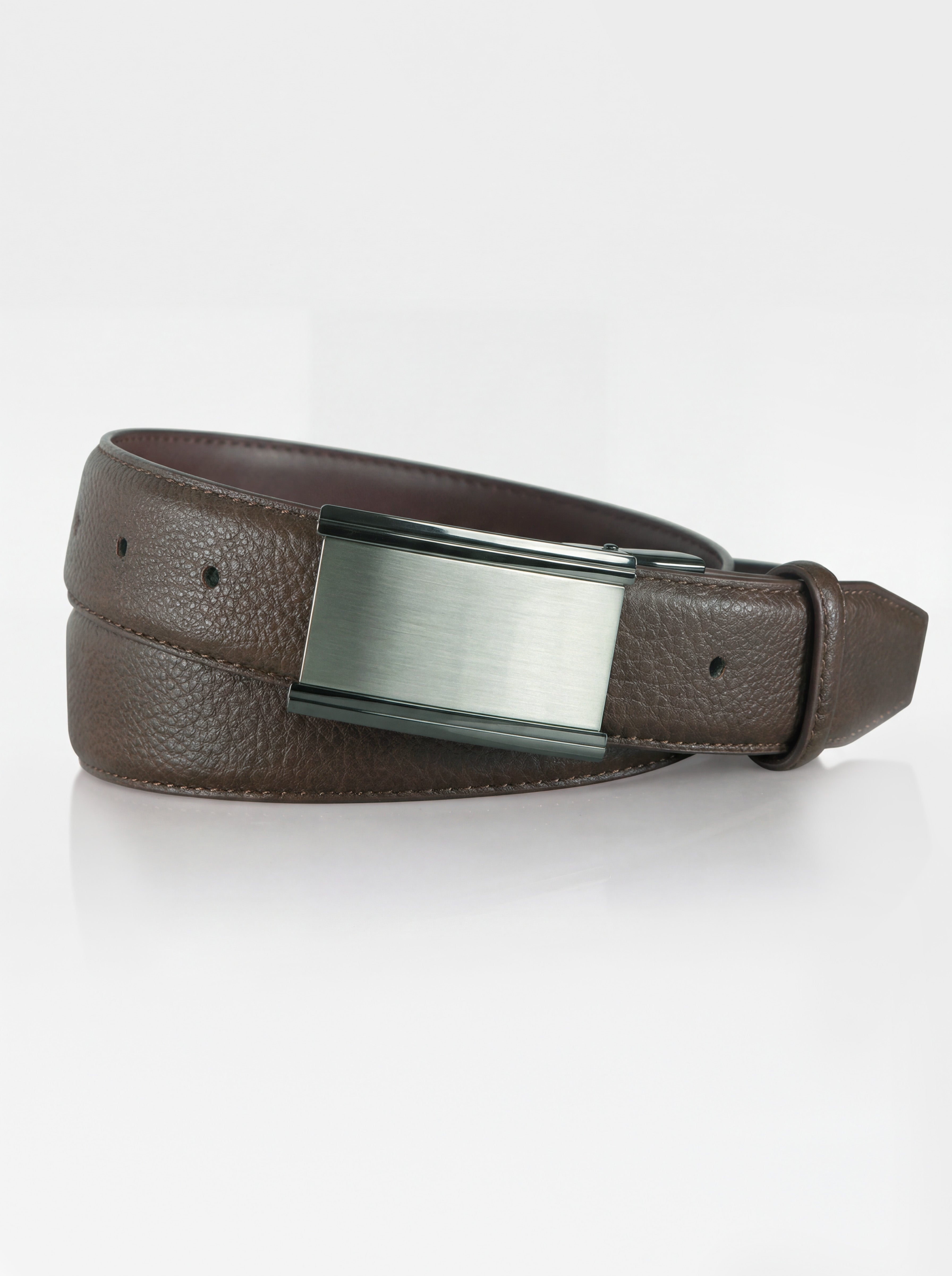 Men's Pebbled Faux Leather Dress Belt with Textured Plaque Buckle