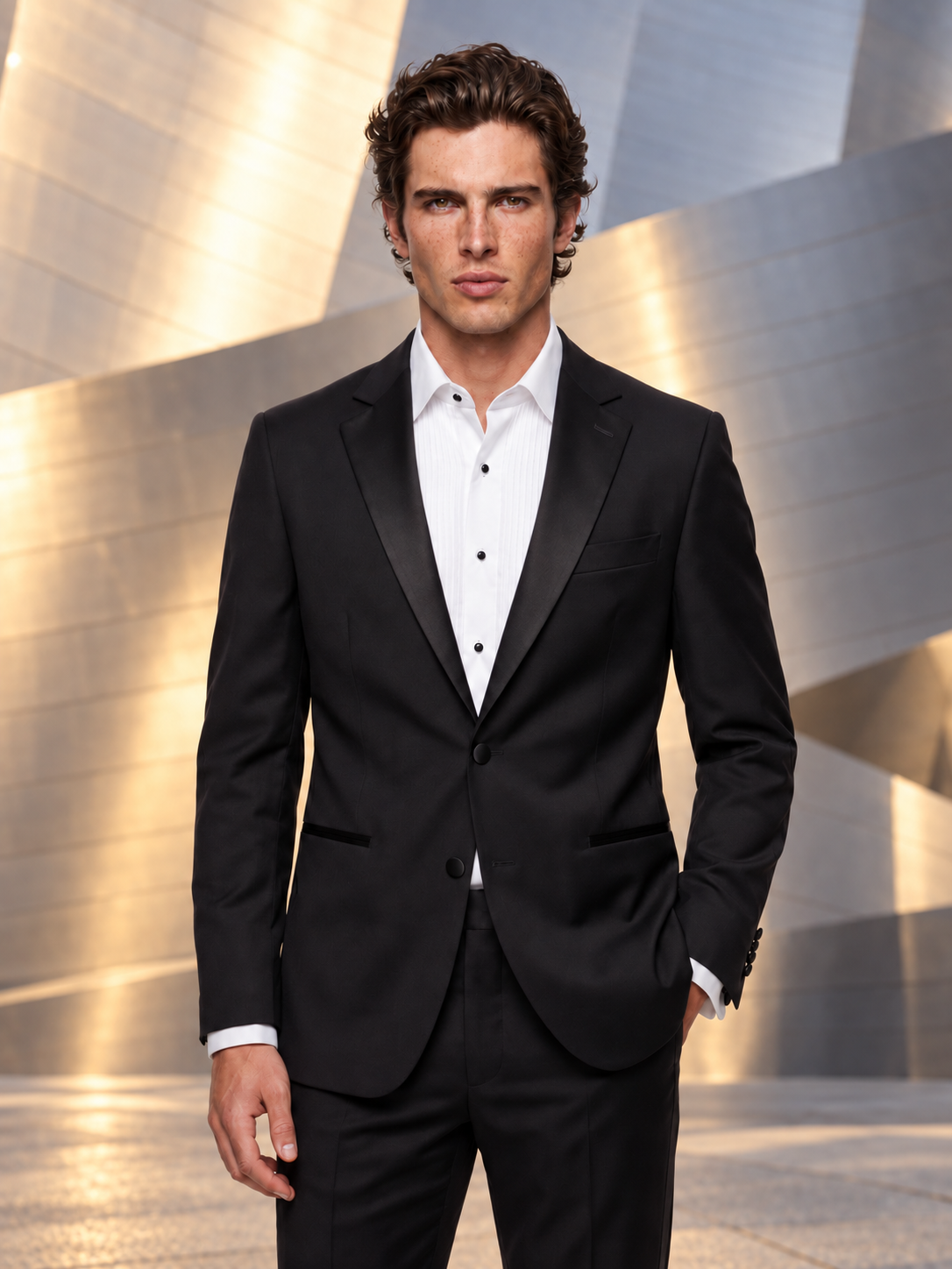 A man wearing a black tuxedo jacket with black satin lapels over a white dress shirt, standing in front of a modern metallic building facade.