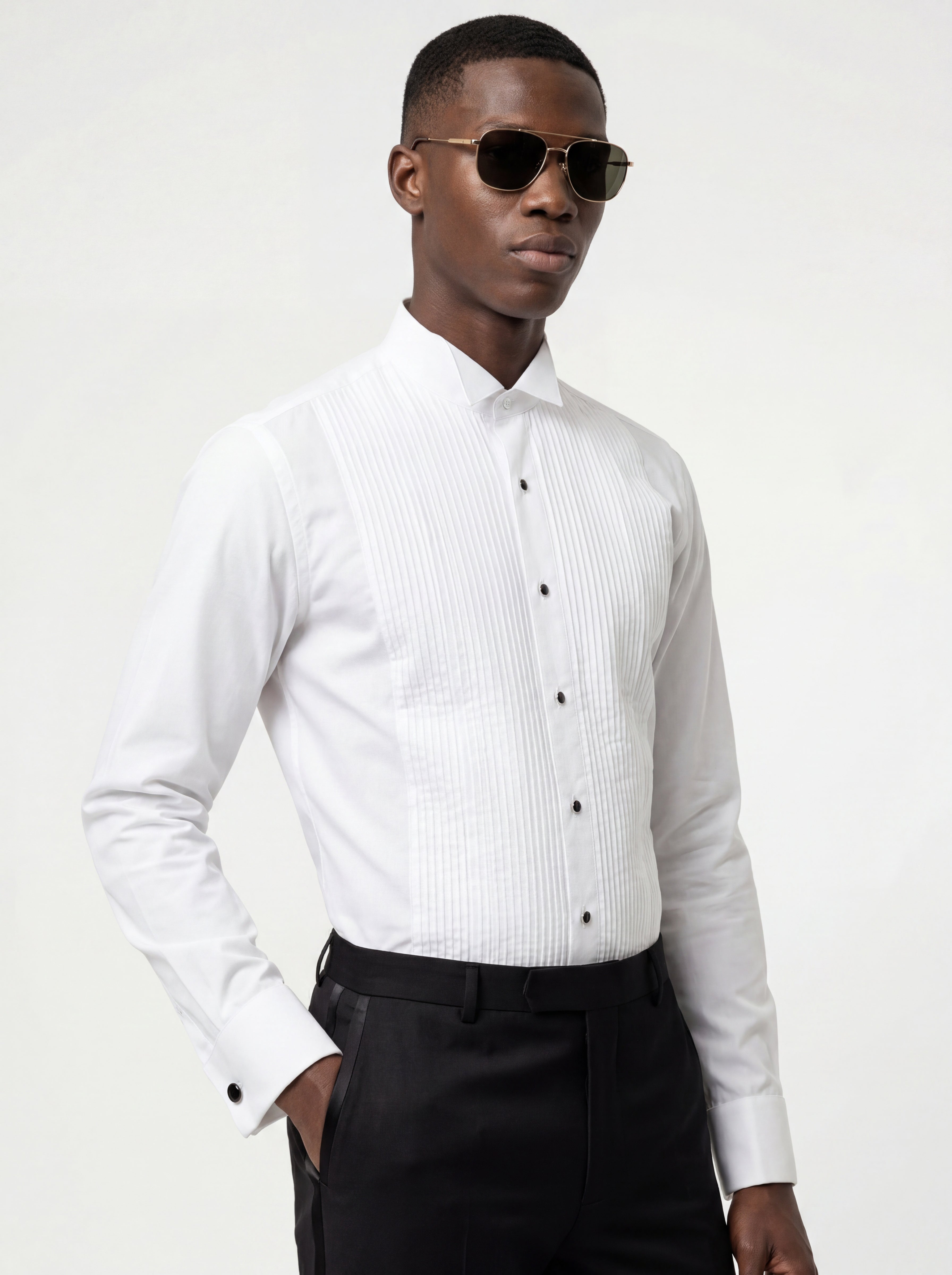 Men's White Pleated Tuxedo Shirt with French Cuffs Slim Fit Formal Dress Shirt for Black Tie Events Men's White Pleated Tuxedo Shirt with French Cuffs Slim Fit Formal Dress Shirt for Black Tie Events