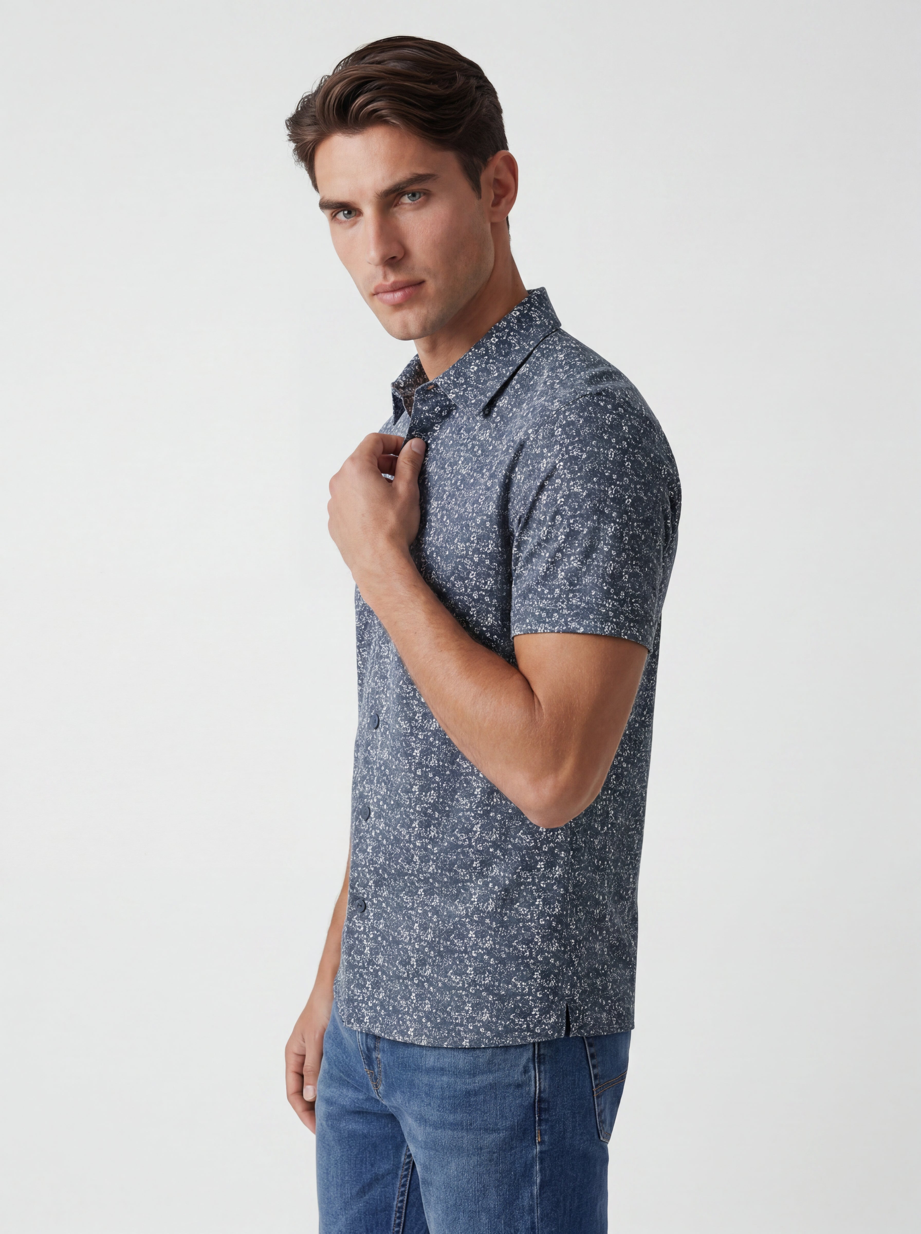 Micro Floral Cotton Short Sleeve Button-Up Shirt