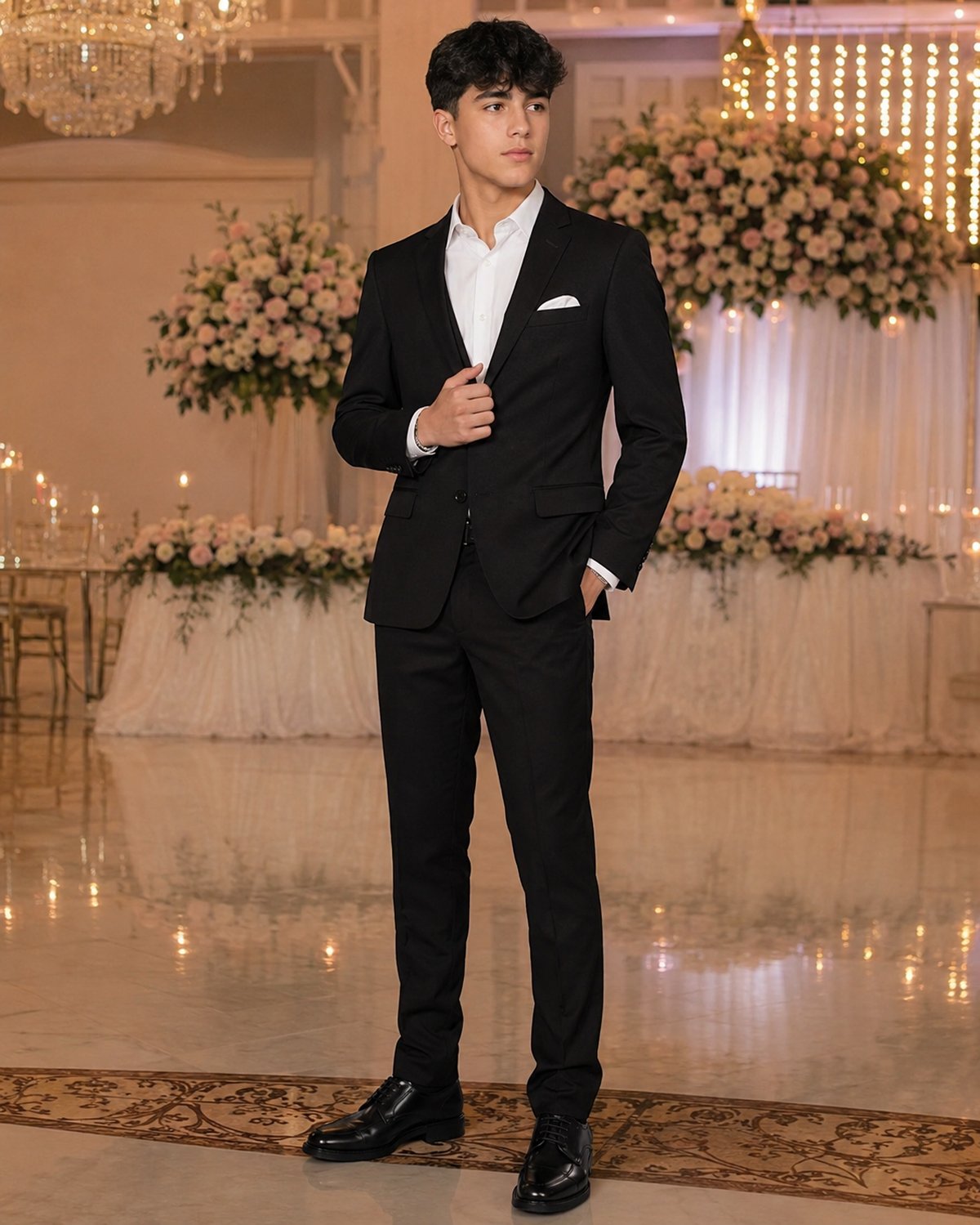 Chambelán en traje negro en el salón de la quinceañera con flores blancas