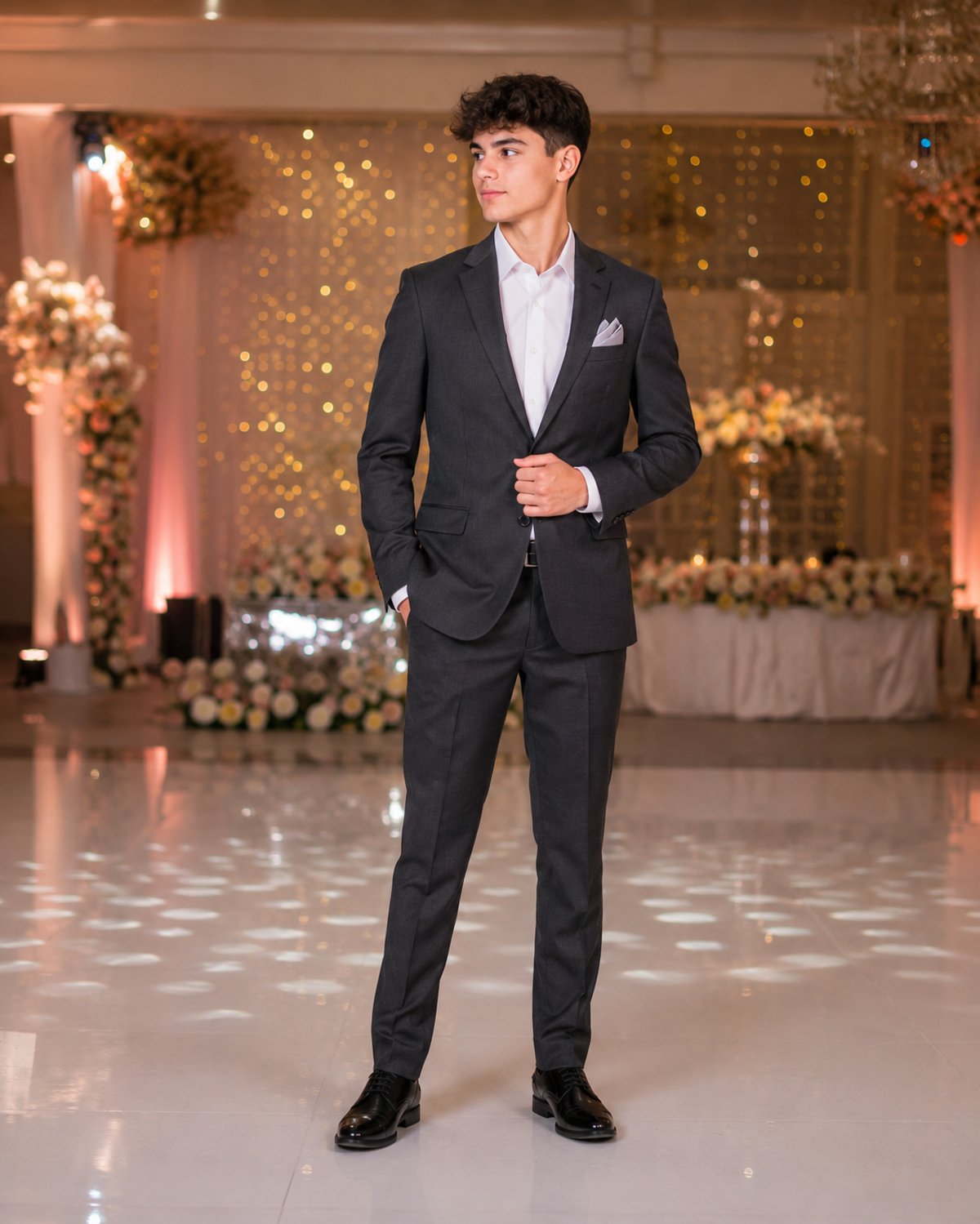 Chambelán in a black suit in a gold-lit quinceañera ballroom