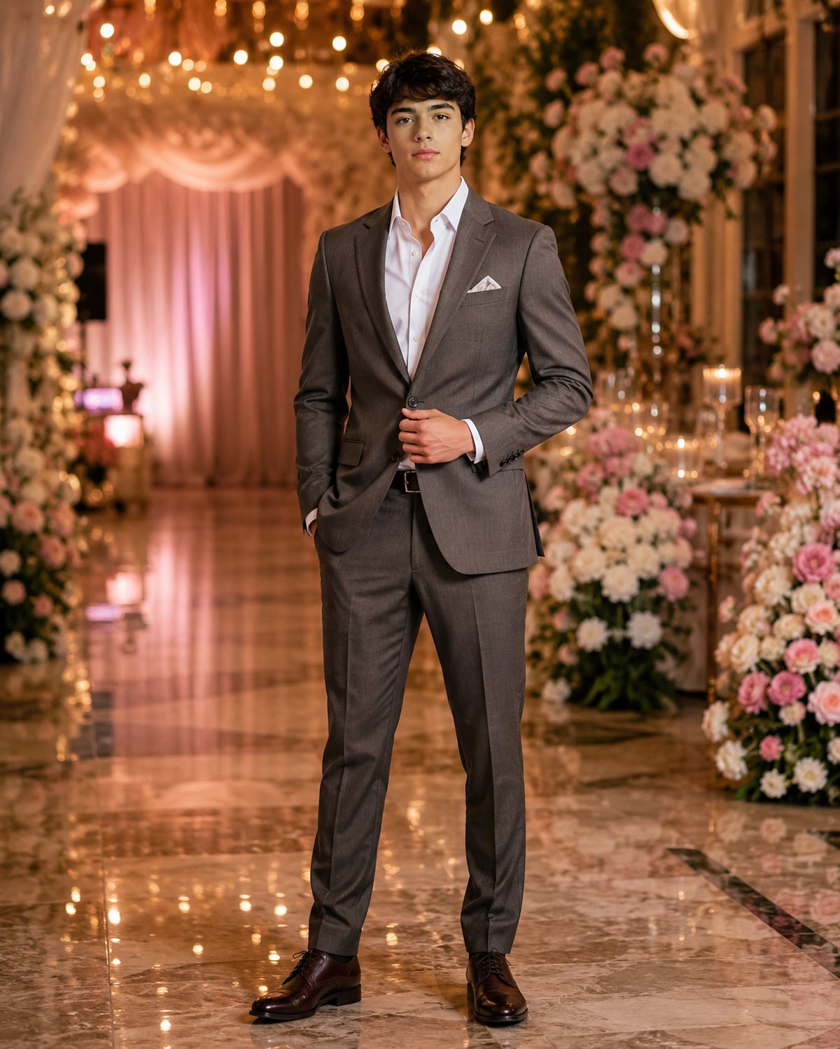 Chambelán in a charcoal grey suit at a quinceañera reception