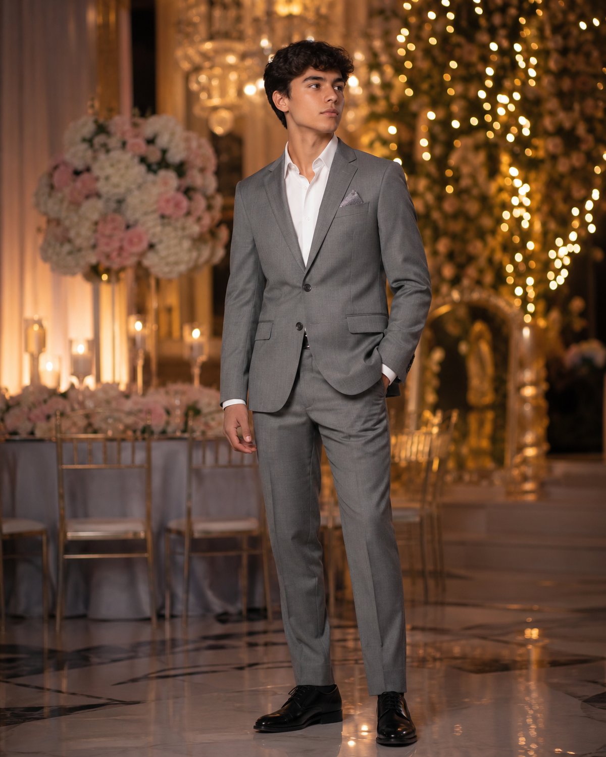Chambelán in a light grey suit at a quinceañera with rosa palo florals