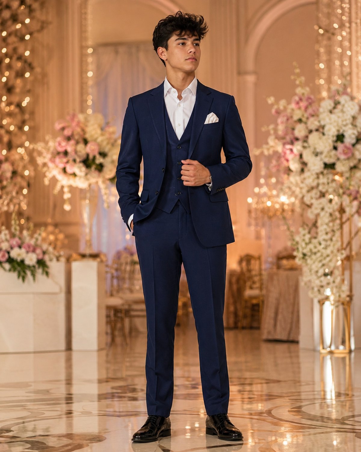 Chambelán in a navy three-piece suit photographed at a quinceañera reception in Los Angeles