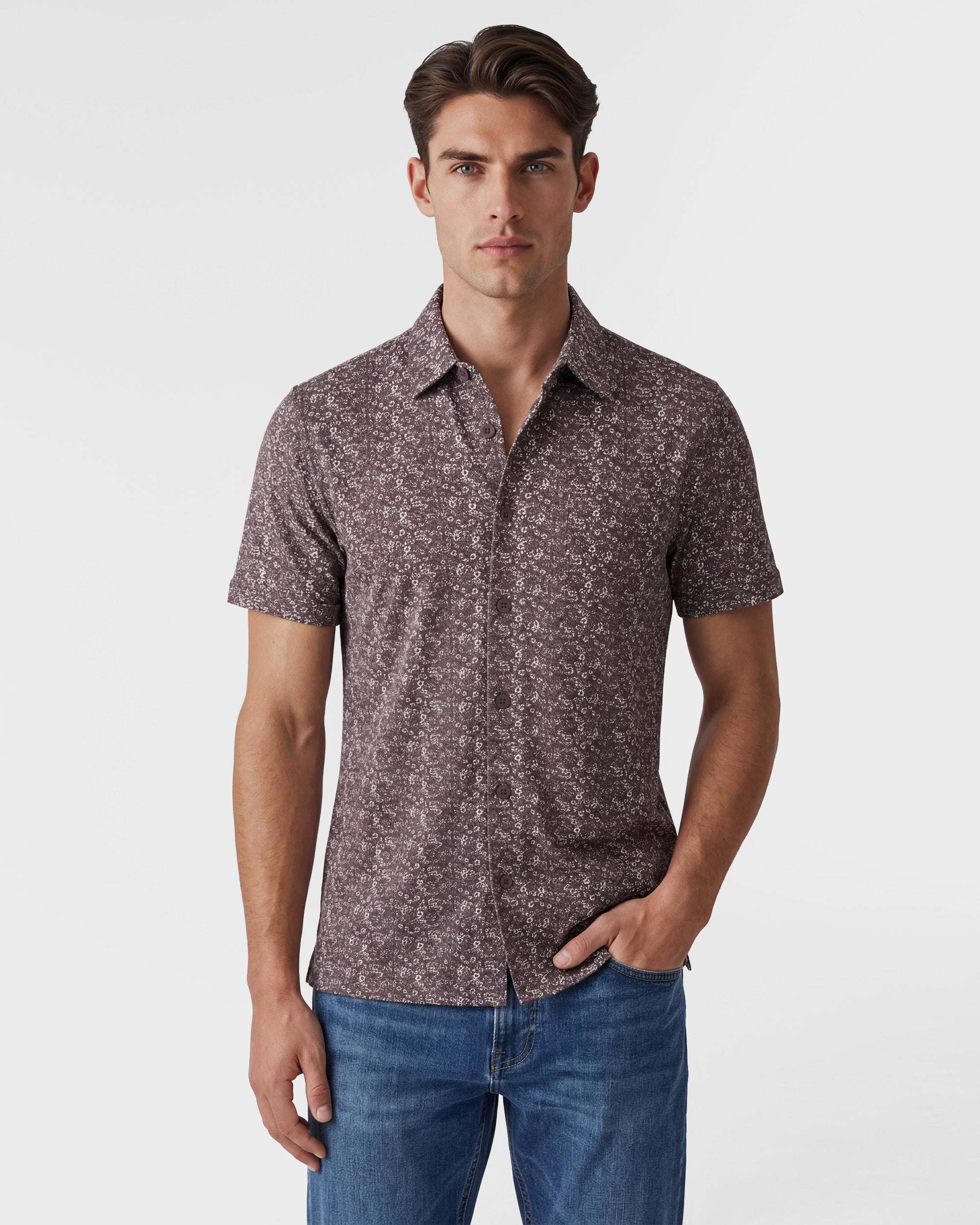 nhoj JOHN シャツ litmus Micro Floral Cotton Short Sleeve Button-Up Shirt