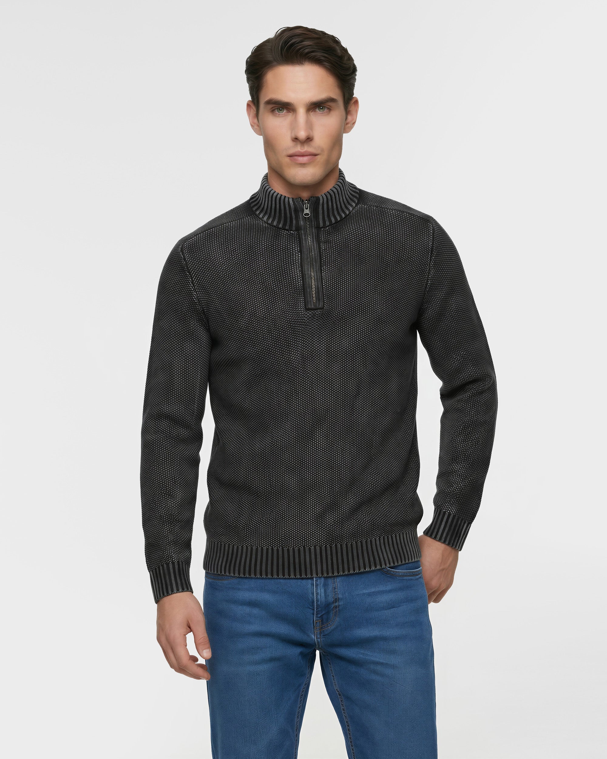 Cotton Textured Mock Neck Zip Sweater