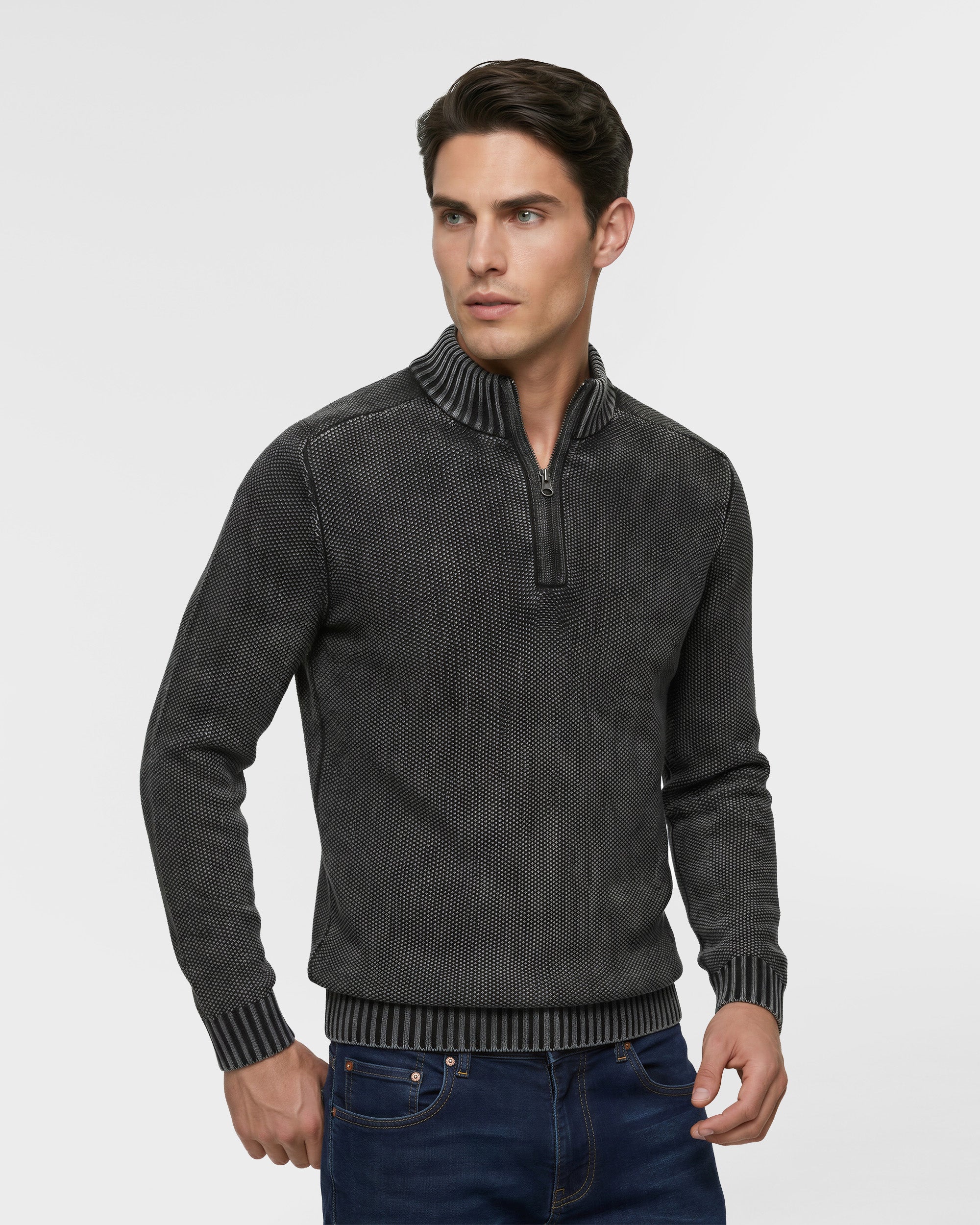 Cotton Textured Mock Neck Zip Sweater