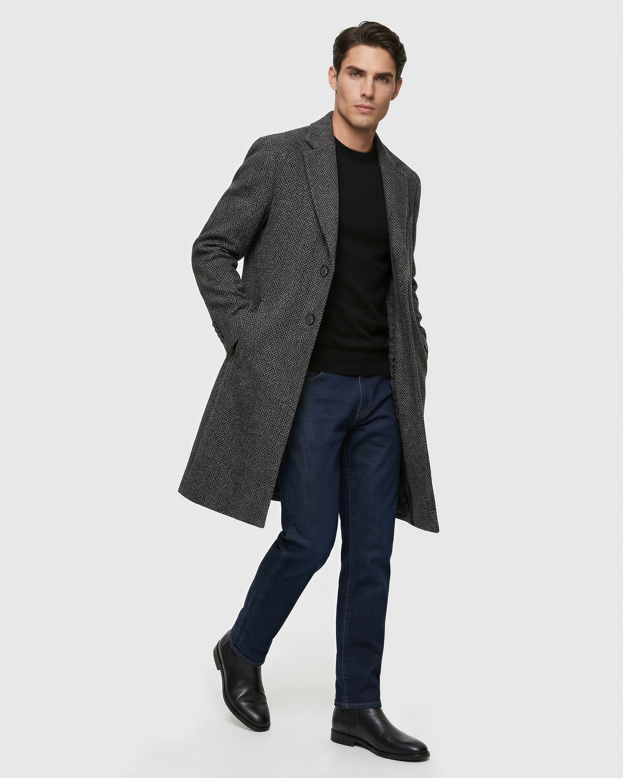 Classic Herringbone Wool Blend Long Overcoat