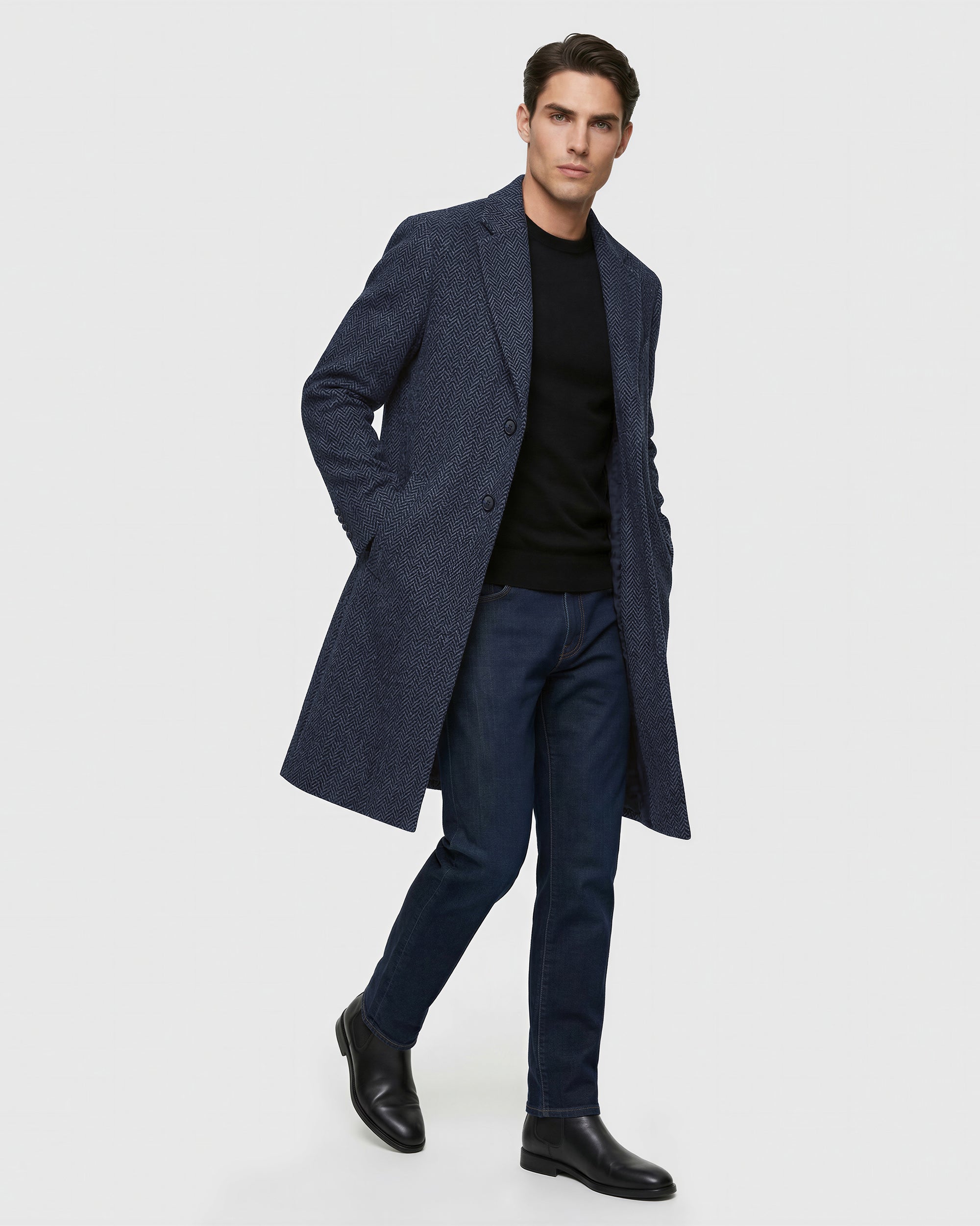 Classic Herringbone Wool Blend Long Overcoat